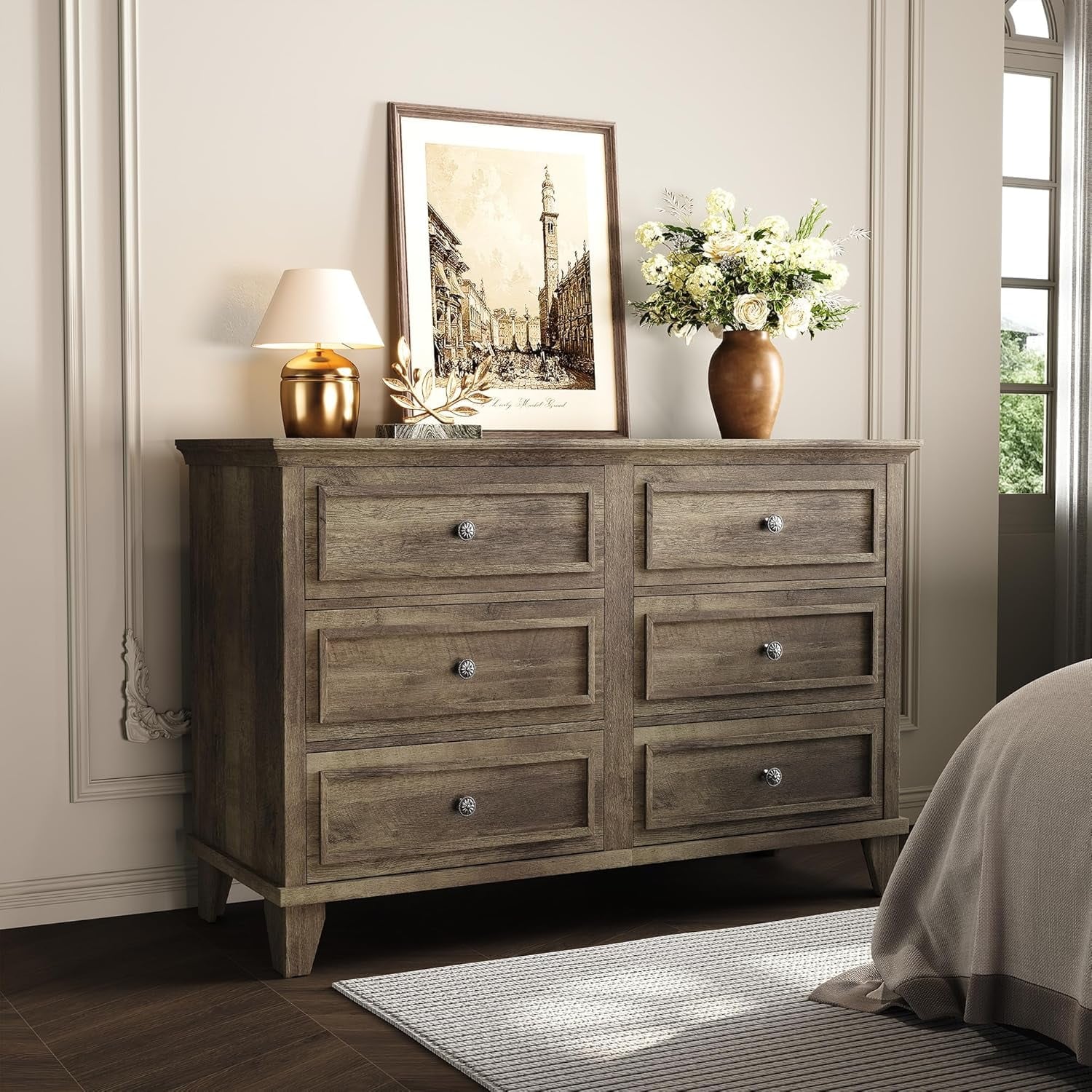 Der Rose 6 Drawer Dresser  Large Wide Dresser TV Stand  Wooden Storage Chest of Drawers with Exquisite Metal Handles  Modern Draw