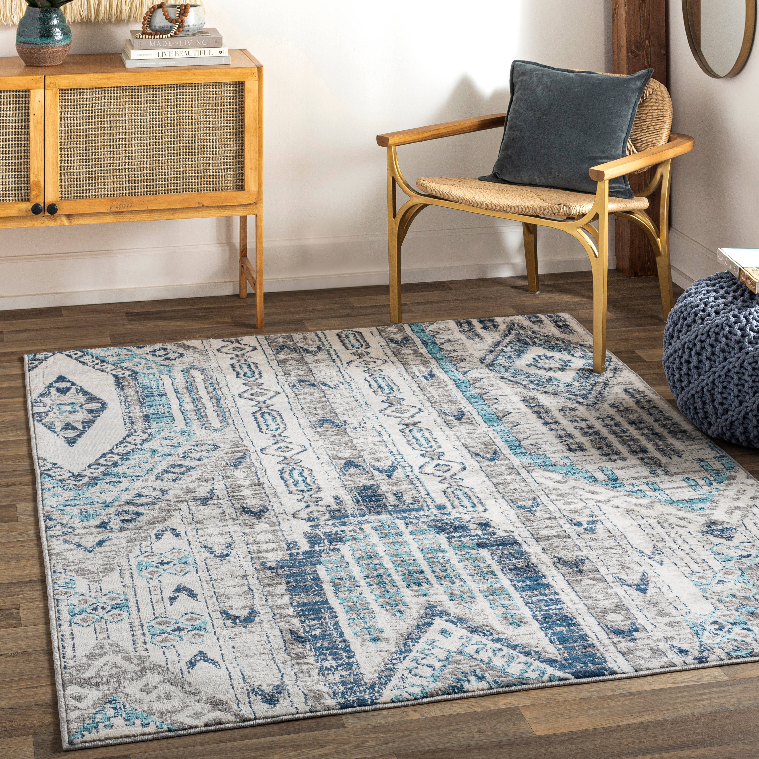 Portland 1290 L Grey Blue Funky Geometric Budget Rug in various sizes and runner 