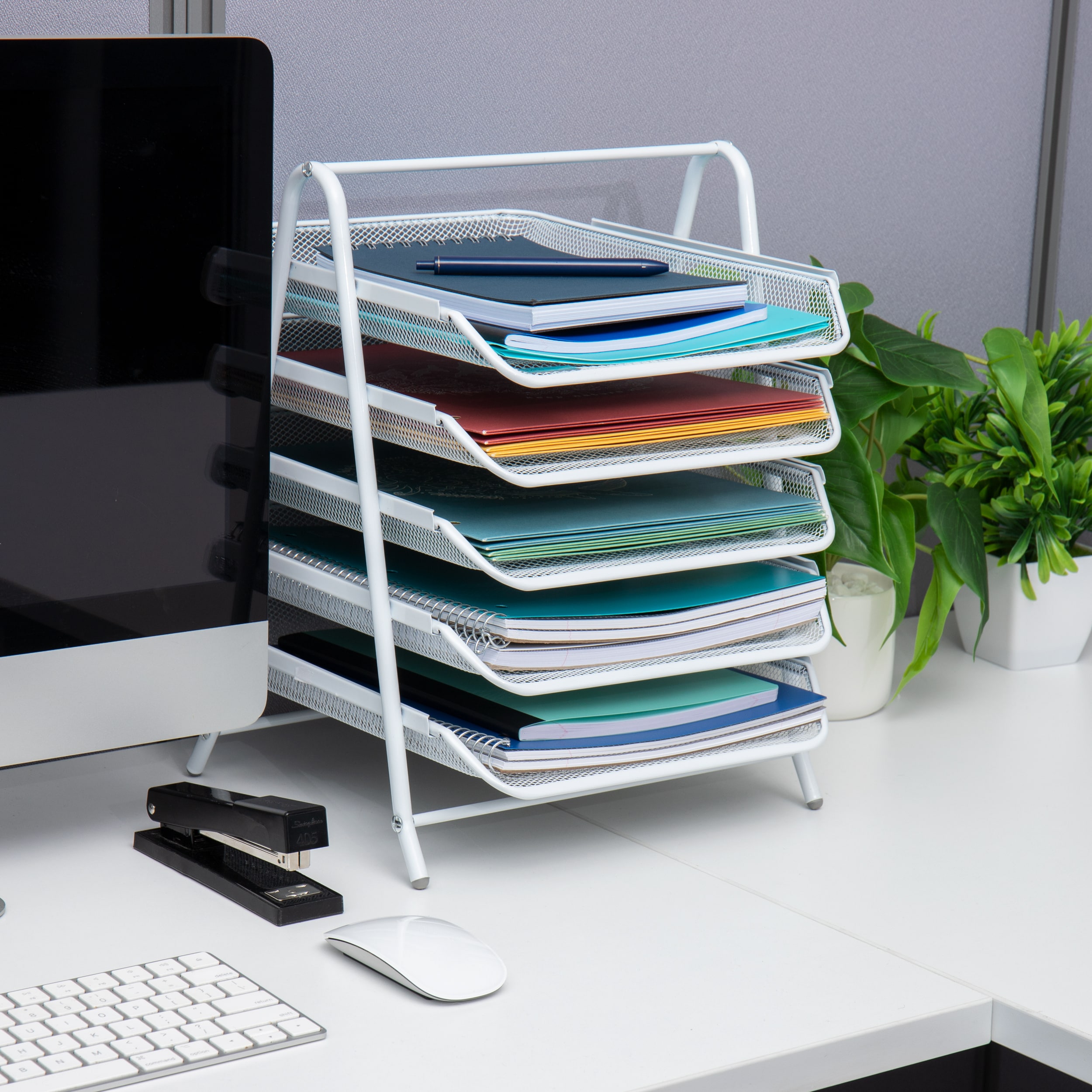 White Metal Mesh 5-Tier Letter Tray Organizer with Handle