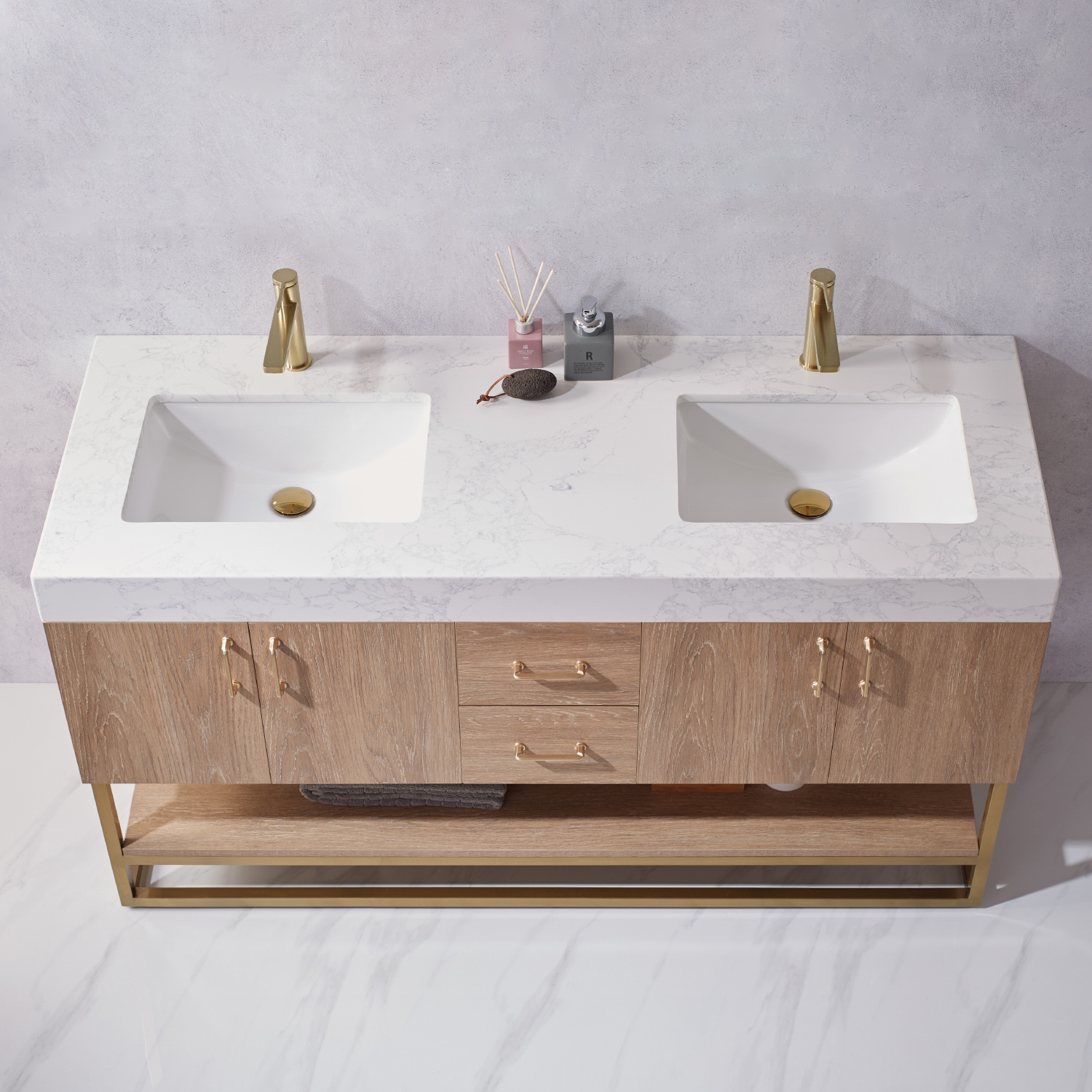 Alistair 60" Oak Double Vanity with White Stone Top and Brushed Gold Trim