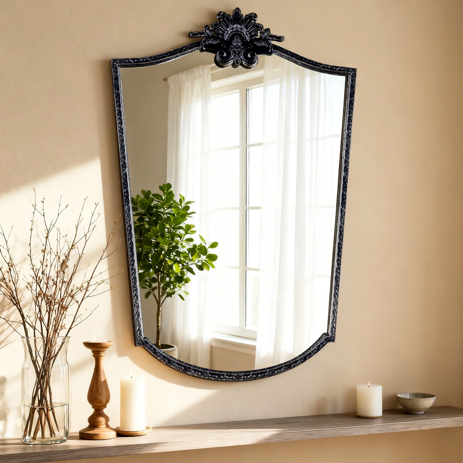 Elevatehome 22 in. W x 30 in. H Irregular Retro Black Finish Iron Framed with Carved Accent Wall Mirror