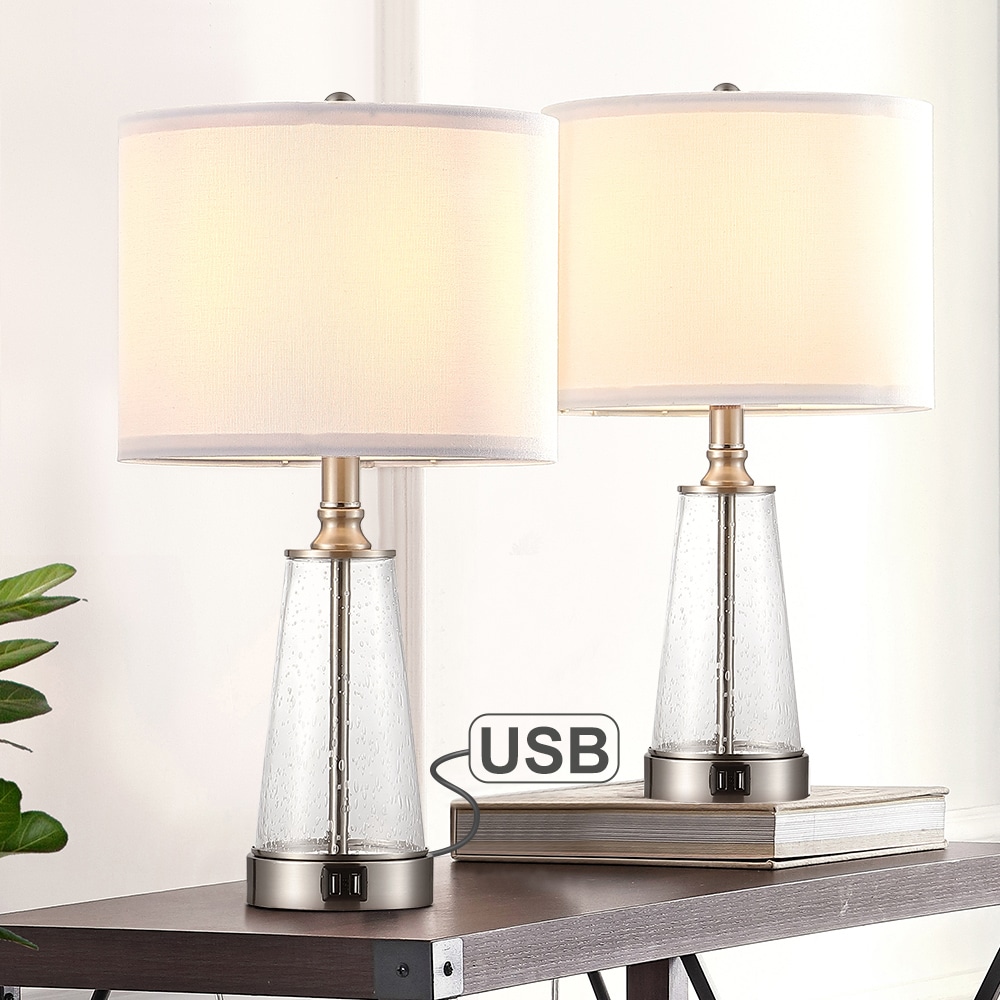 True Fine TD30008T-2PK 20.6-in Brushed Nickel and Seeded Glass LED Rotary Socket Table Lamp with Fabric Shade (Set of 2)