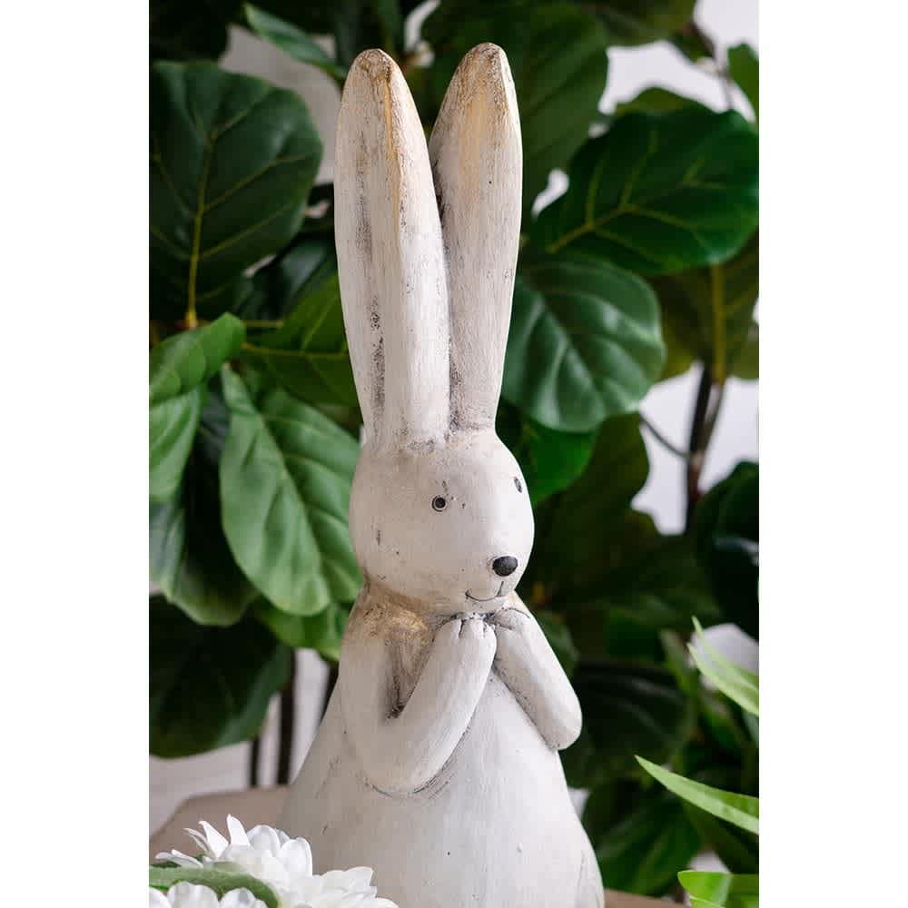 JUJABU ZJSTATUEPLANTER-4 White 7.5x7x20in Textured Magnesium Bunny Rabbit with Subtle Gold Details