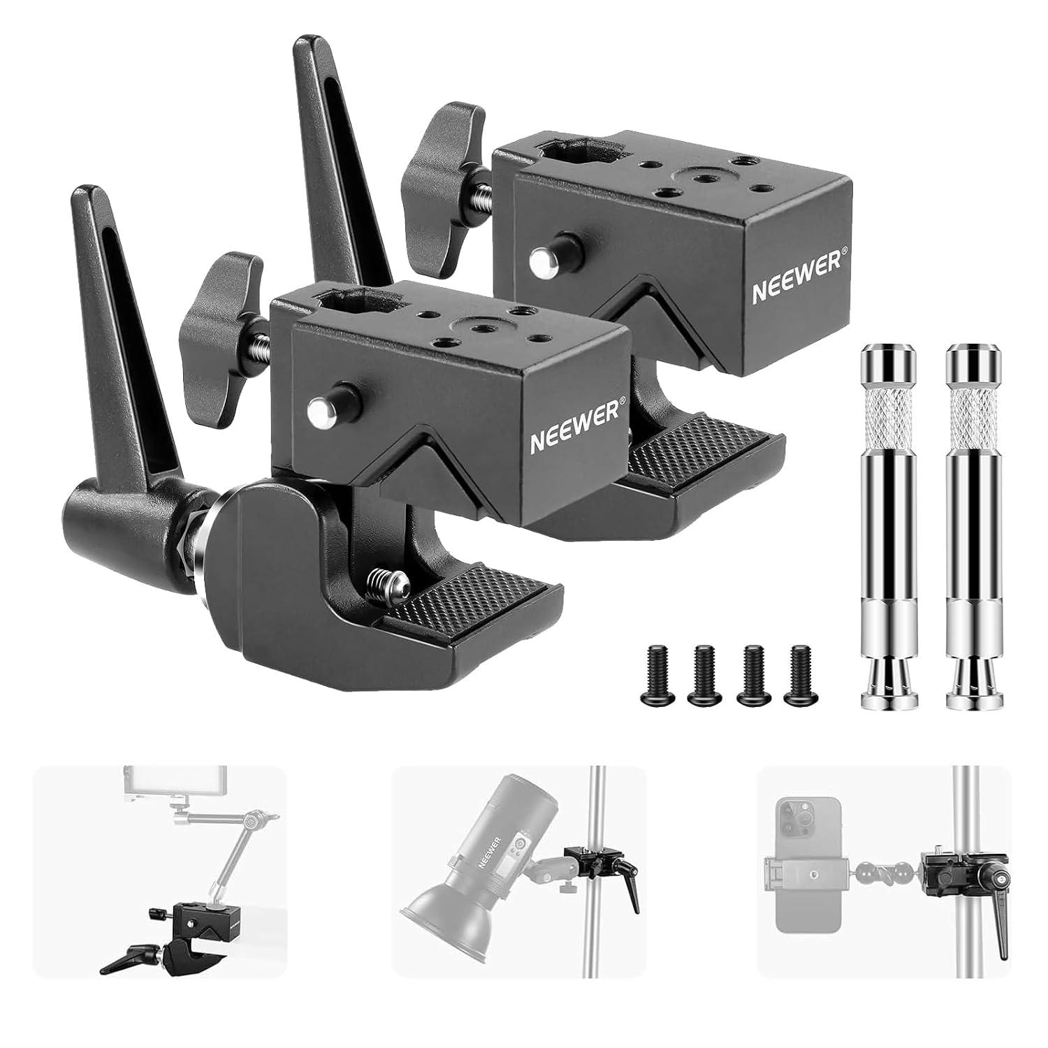NEEWER 2 Pack Super Clamp with 5/8 Inch Stud and Spring Lock for Photography Lighting and Camera Mounting 2.4 Inch Jaw Grip Round Pipe and Flat Surface Compatible 33 Pound Maximum Load Capacity
