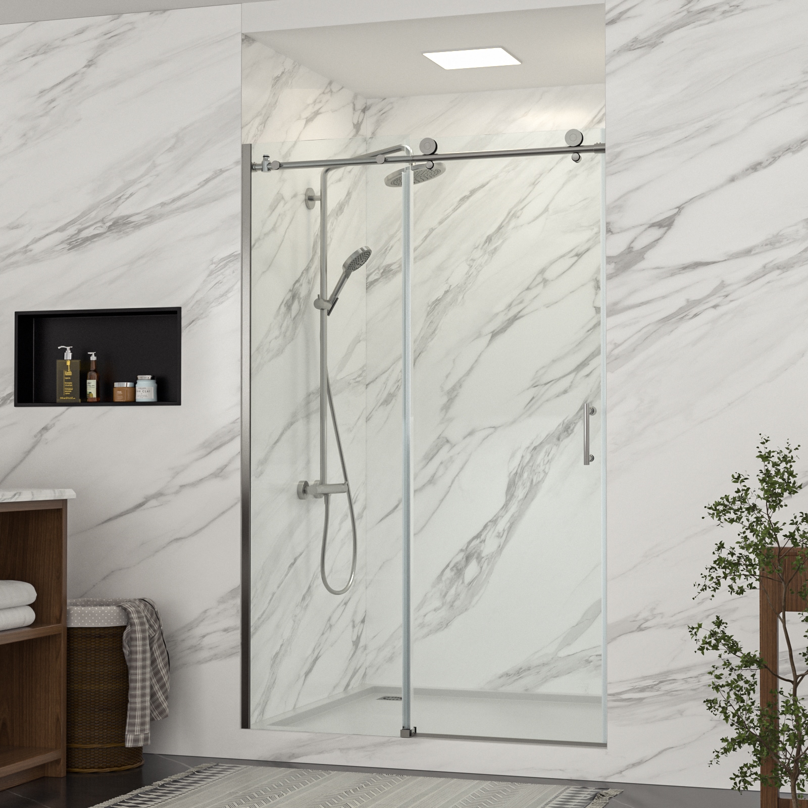 Lordear HRB-LD-6A21-48SS Modern Style Reversible Shower Door Brushed Nickel 47-3/4-in to 48-in W x 76-in H Frameless Sliding Soft Close Shower door 5/16-in Thick Clear Glass