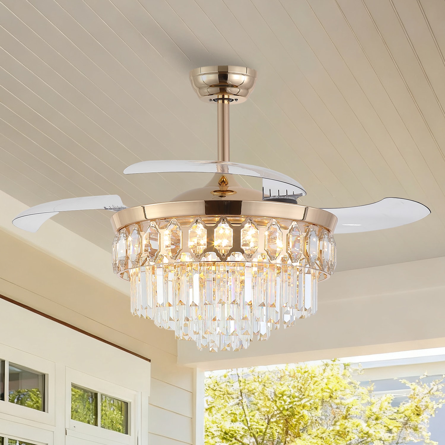 Gleam Flare 48 Inch Crystal Fandelier Ceiling Fan with Light and Retractable Blades LED Dimmable for Bedroom Living Room