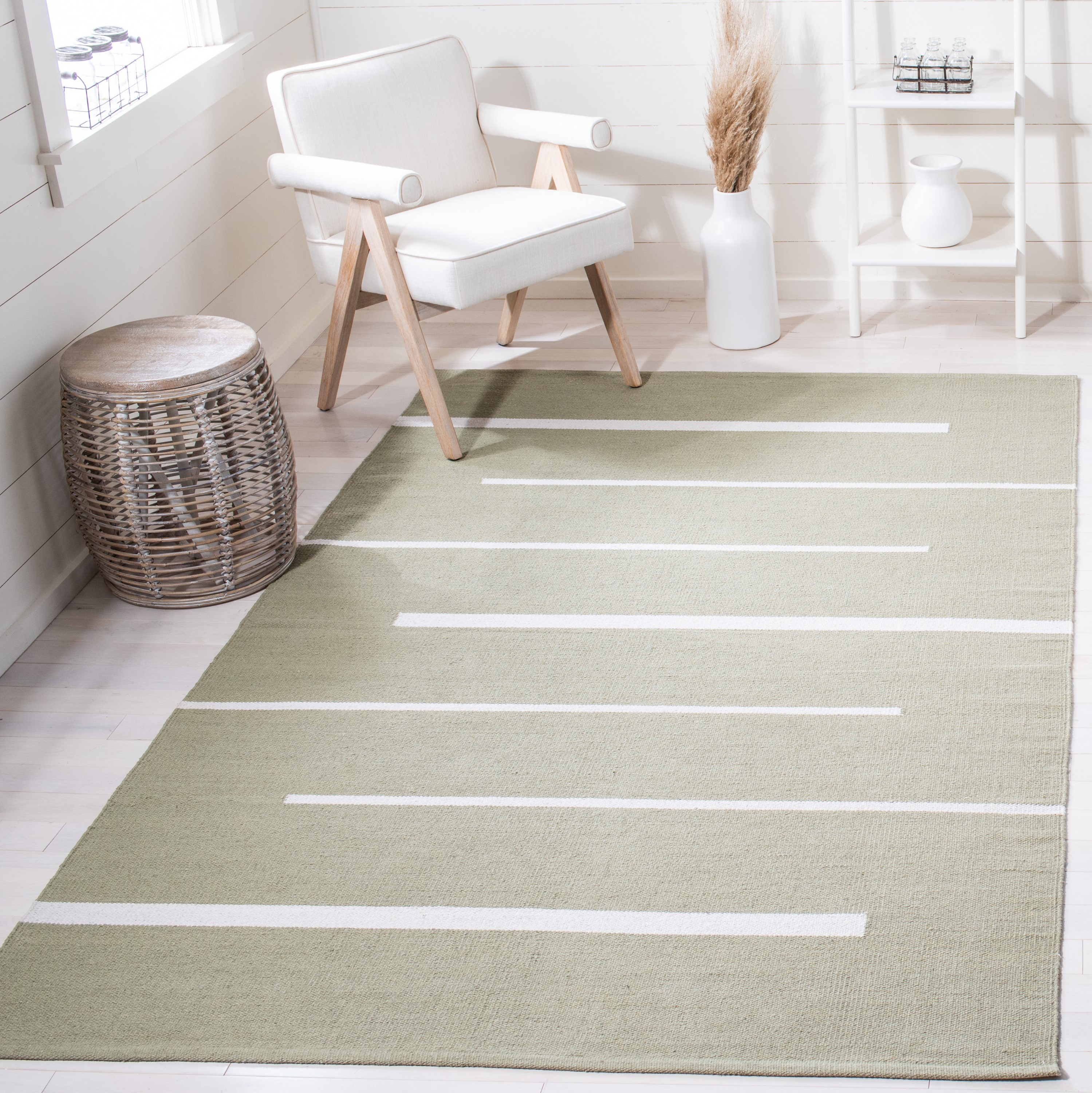Safavieh MTK311W-4 Montauk Odoarda 4 x 6 (ft) Cotton Light Green/Ivory Rectangular Indoor Stripe Bohemian/Eclectic Area rug