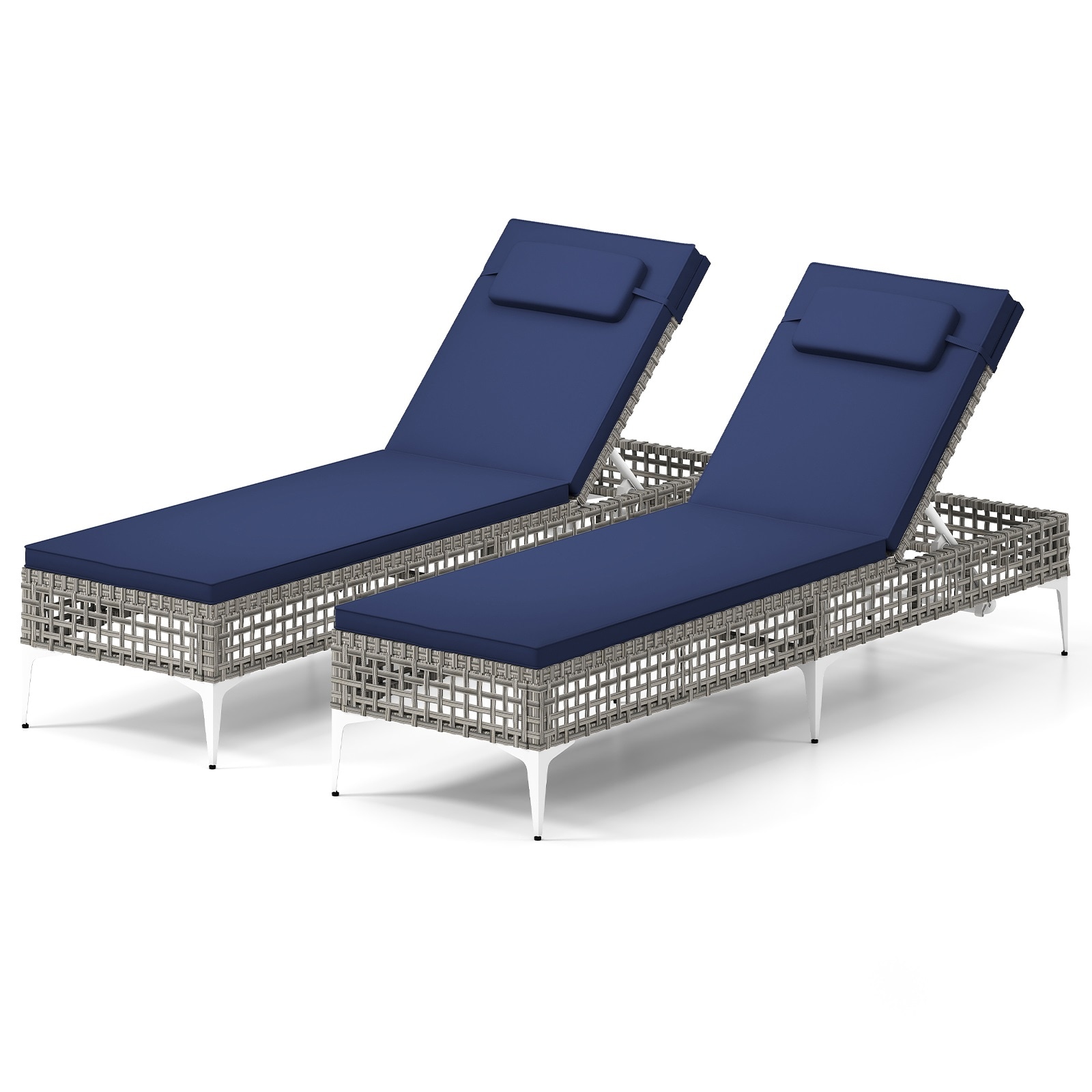 Slickblue - Set of 2 Patio Rattan Chaise Lounge Chairs with Metal Frame Reclining Motion Backrest...