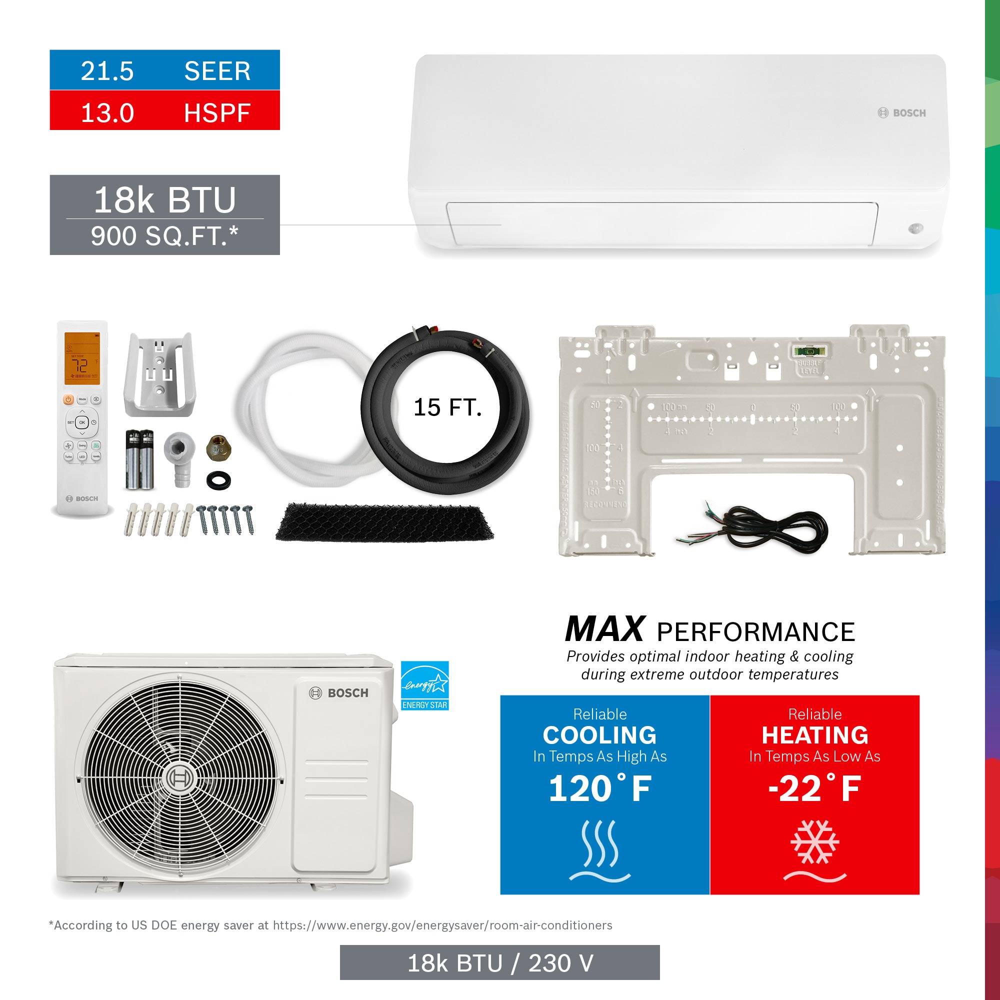 Bosch Max Performance Single Zone 18000-BTU 21.5 SEER Ductless Mini Split  Air Conditioner Heat Pump Included with 15-ft Line Set 230-Volt in the Ductless  Mini Splits department at