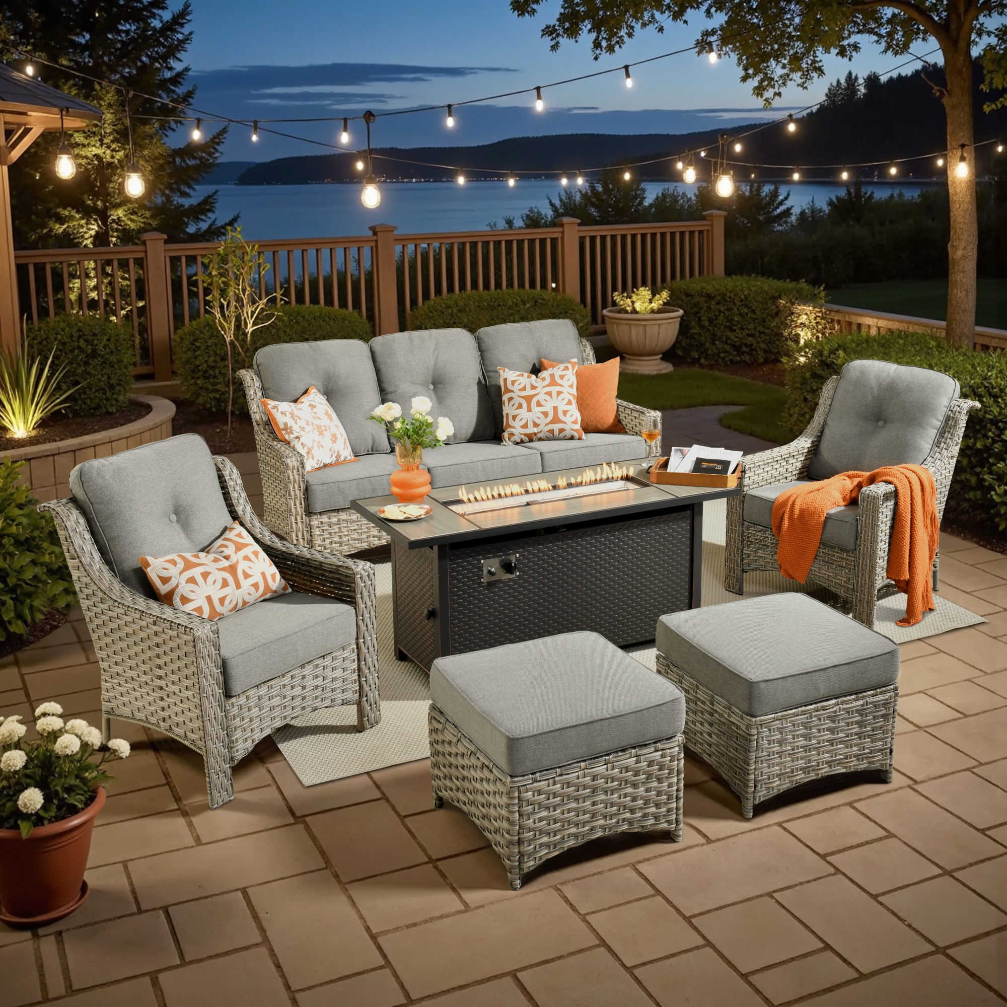 XIZZI XIPAD2054-IFP54 Pyrophyllite 6 -Piece Rattan Patio Sofa Conversation Set with Dark Gray Cushions