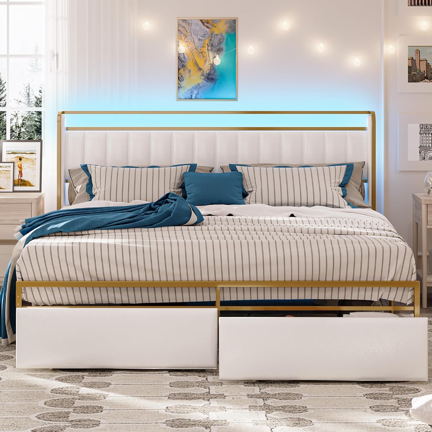 Likimio WJ10HB4CAD9ATV5Y 62-in W White and Gold Queen Bed Frame with Armrests Headboard and RGB Light