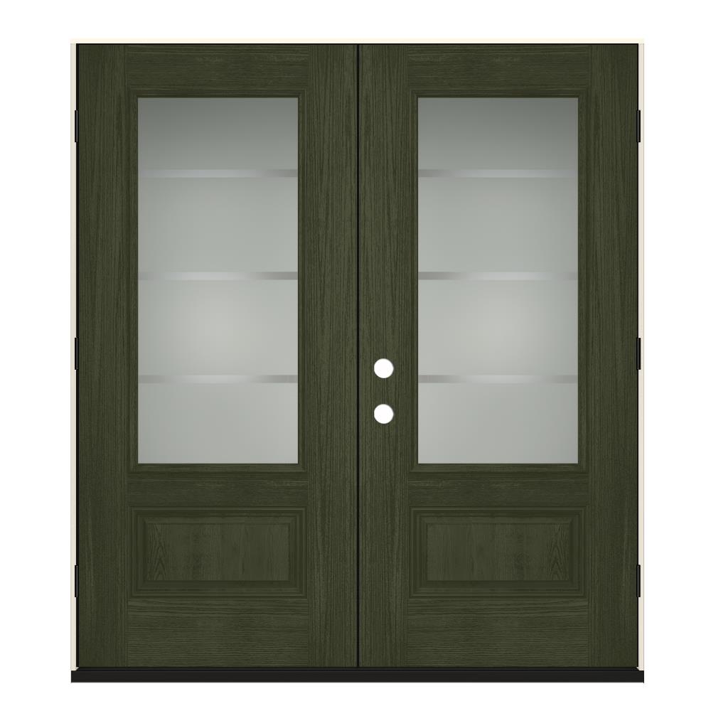 JELD-WEN LOWOLJW231900034 Crosslines 64-in x 80-in Fiberglass 3/4 Lite Left-Hand Outswing Juniper Stained Prehung Double Front Door Insulating Core