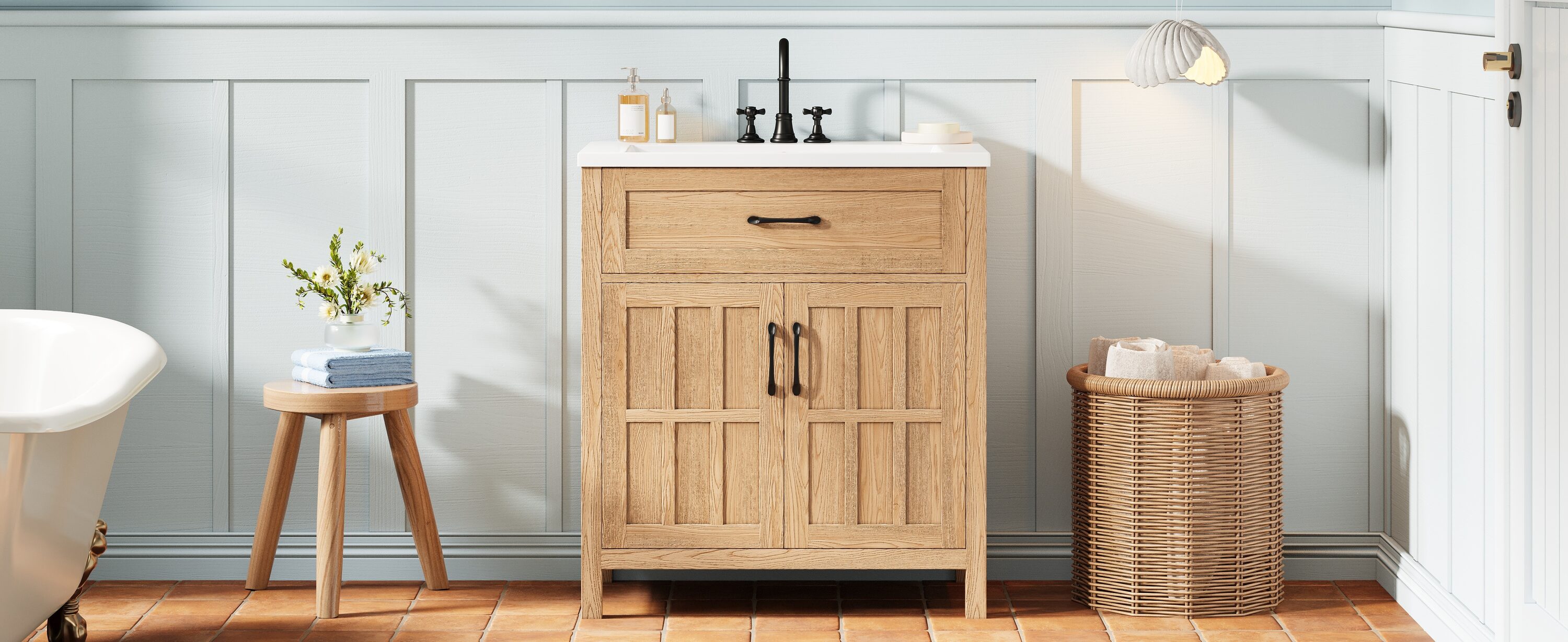 Wooakway 30in Bathroom Vanity with Resin Sink Solid Wood Frame