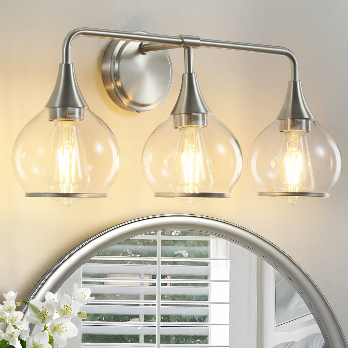 KAISITE 8033ML-03SN-US 22 in. 3-Light Brushed Nickel Bathroom Vanity Light with Clear Globe Glass Shades