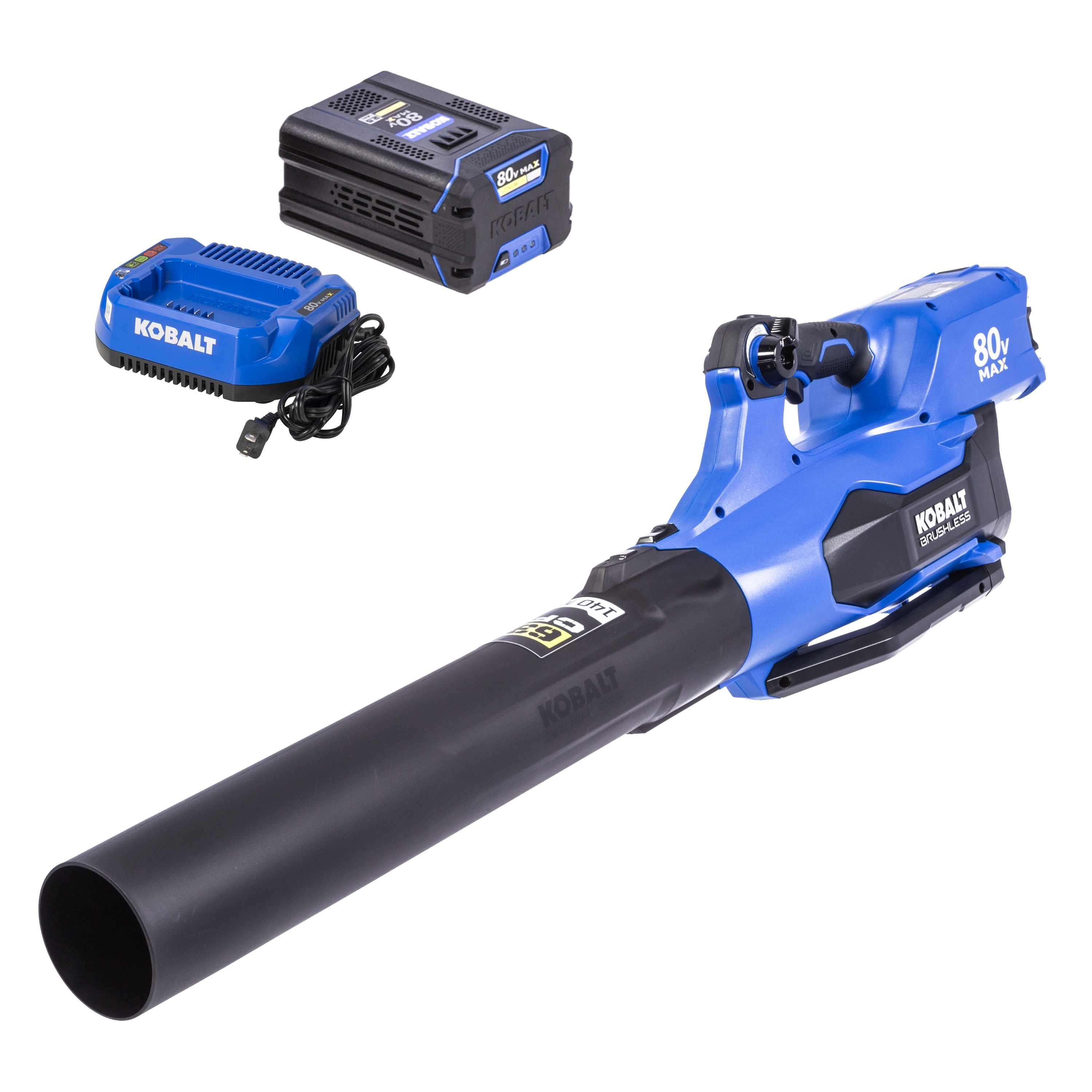 Kobalt 80 volt 630 CFM 140 MPH Battery Handheld Leaf Blower 2.5 Ah Battery and Charger Included in the Leaf Blowers department at Lowes