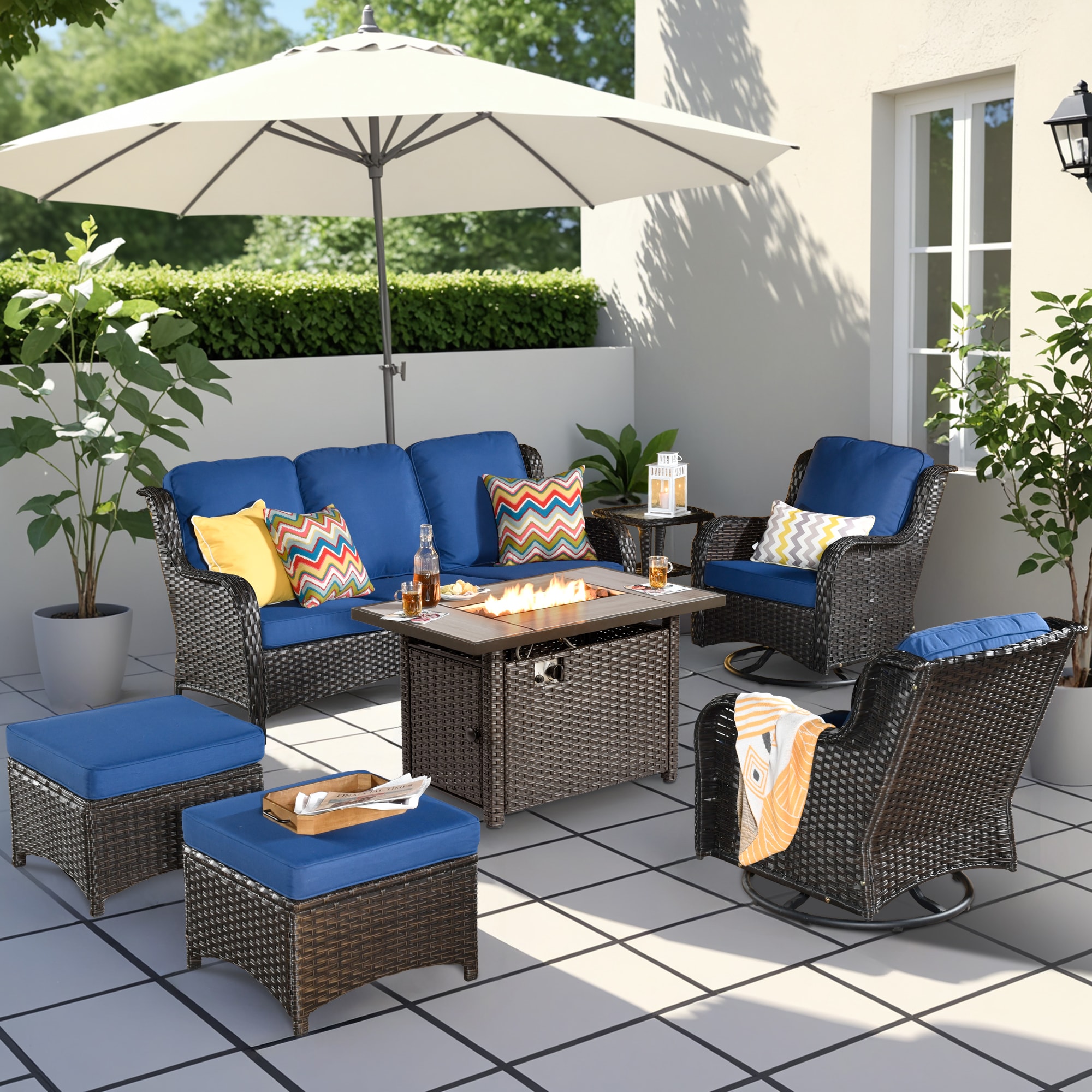 Pouuin SRFPYZNTC707 7 -Piece Wicker Patio Sofa Conversation Set with Navy Cushions