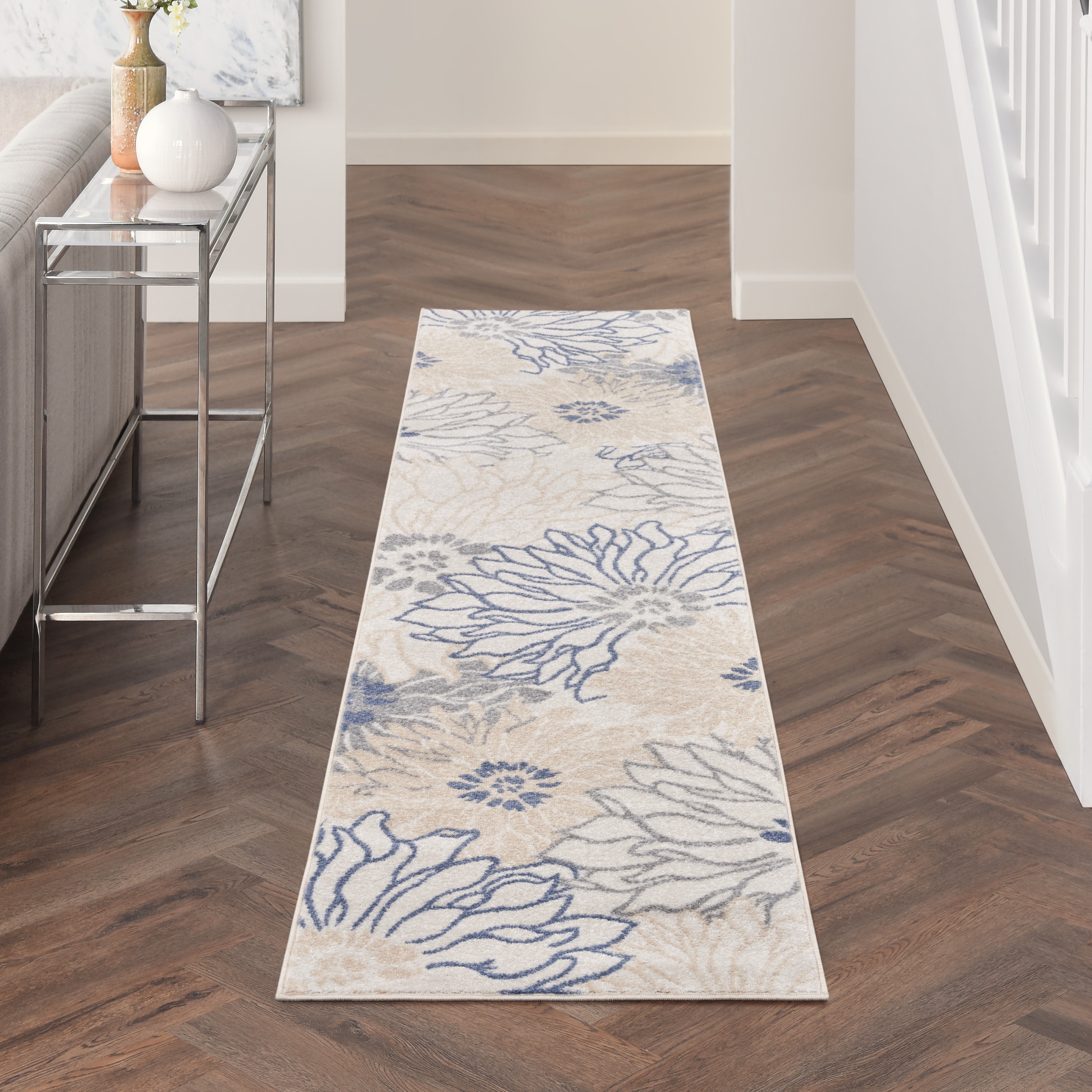 Nourison 099446018731 Passion 2 x 10 (ft) Loomed Polypropylene Ivory Grey Blue Rectangular Indoor Floral/Botanical Mid-Century Modern Runner rug