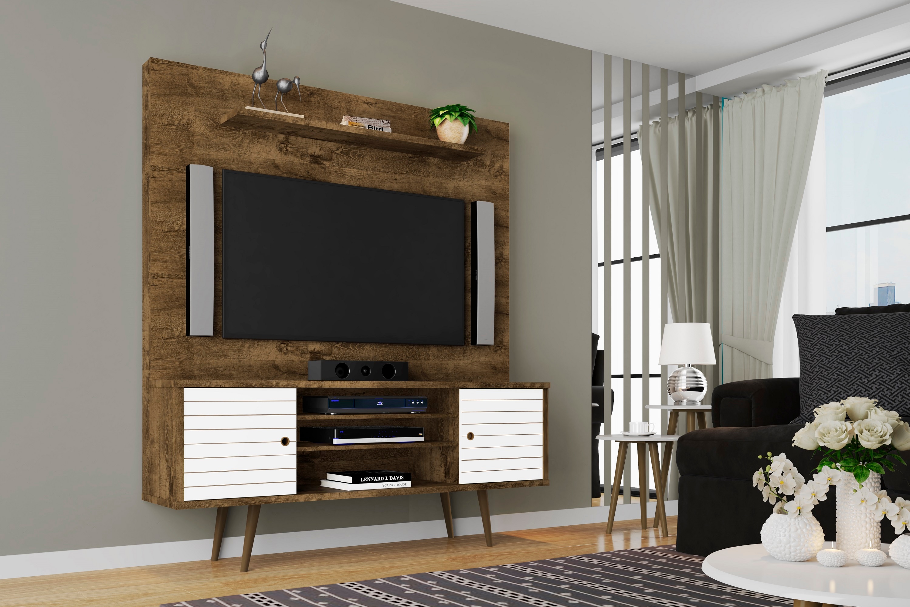 Manhattan Comfort 213BMC96 Liberty Modern/Contemporary Rustic Brown and White TV stand Integrated TV Mount ( Accommodates TVs up to 60-in )