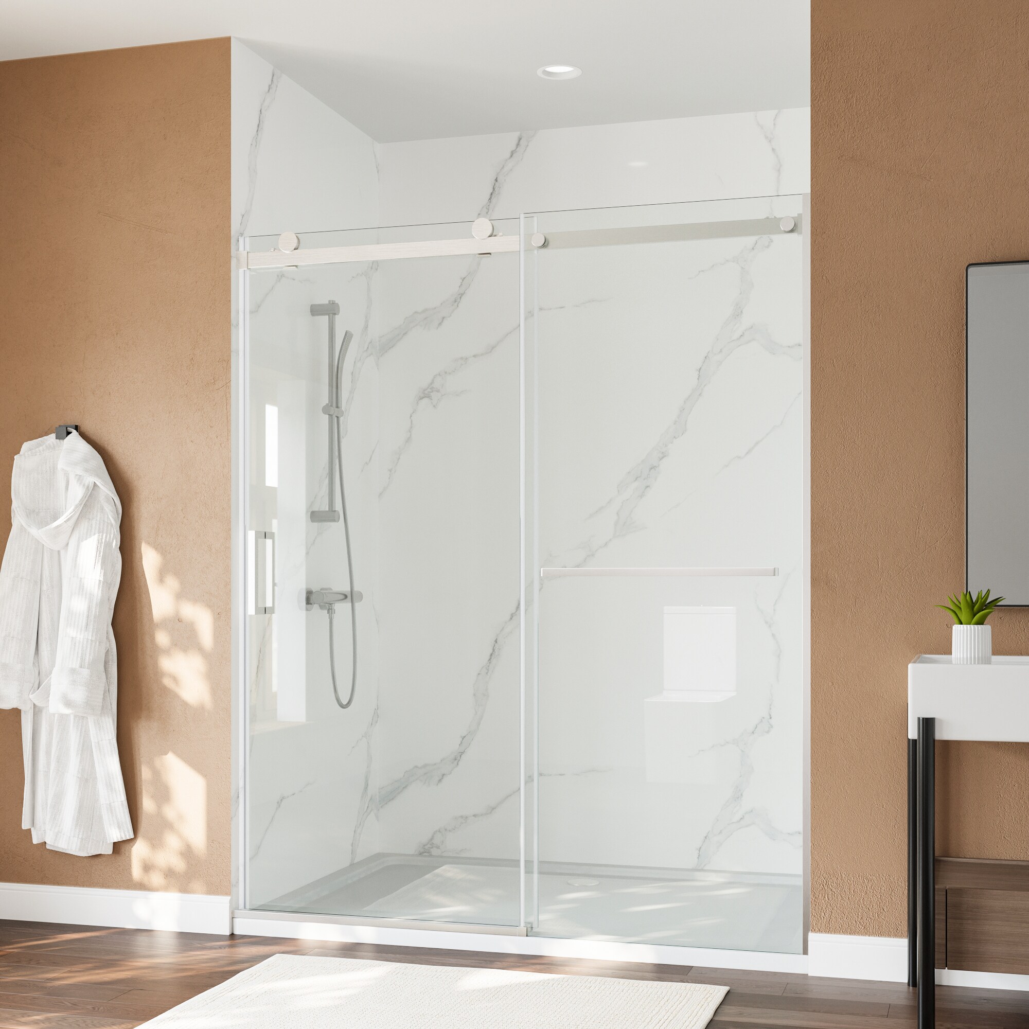 Brushed Nickel Frameless Sliding Shower Door with Clear Tempered Glass