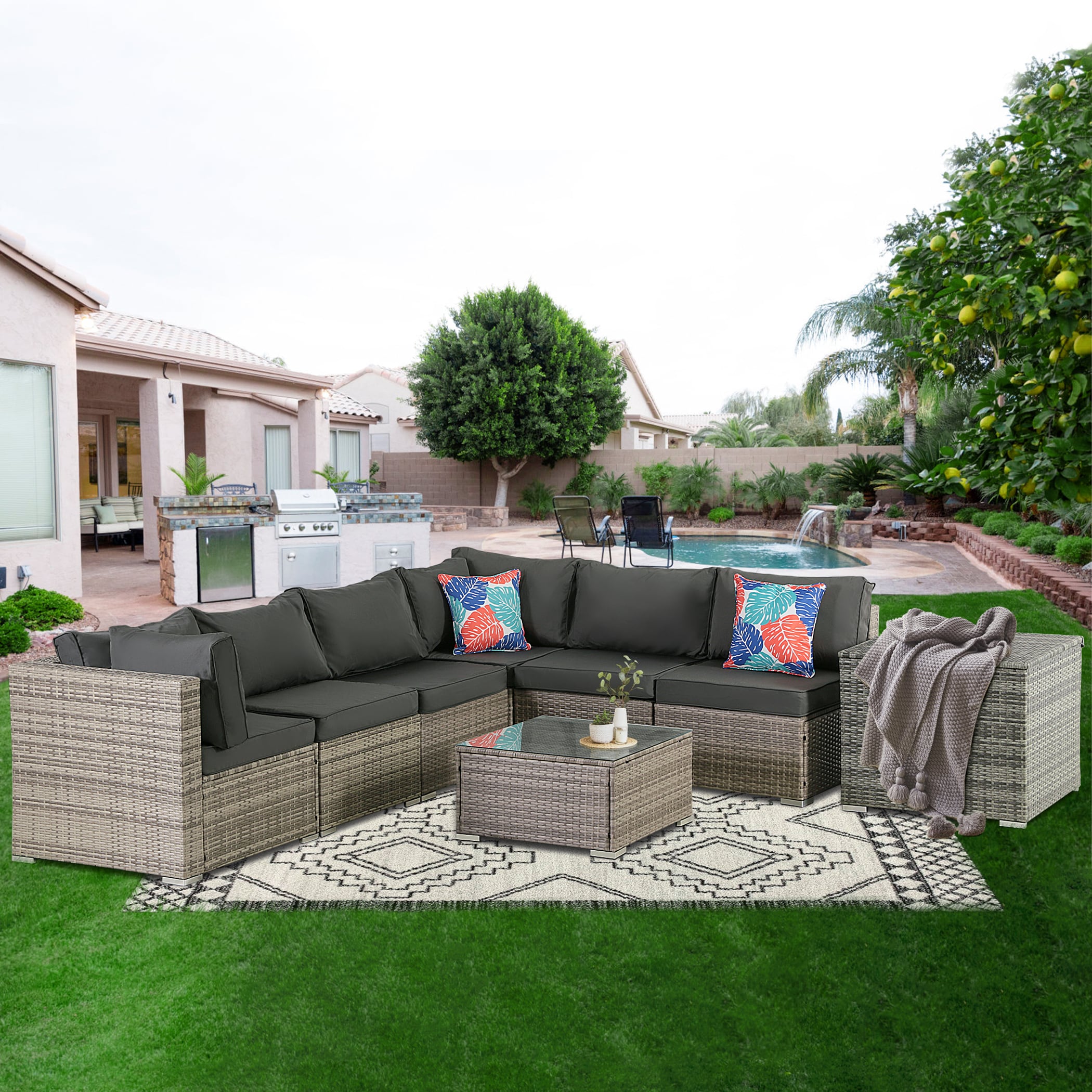 FOREST HOME FH-ZJ02GYGY 7-Piece Rattan Patio Conversation Set with Gray Cushions