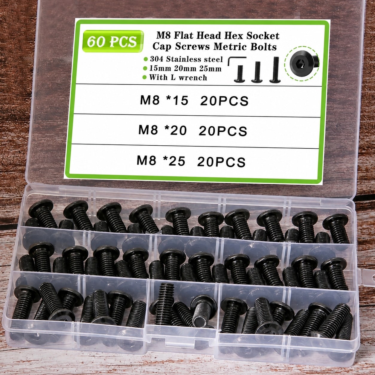 KHKFY  60Pcs M8 Flat Head Hex Socket Cap Screws 15mm 20mm 25mm Metric M8 Bolt Black 304 Stainless Steel Machine Screws M8x1.25 for Furniture Bed