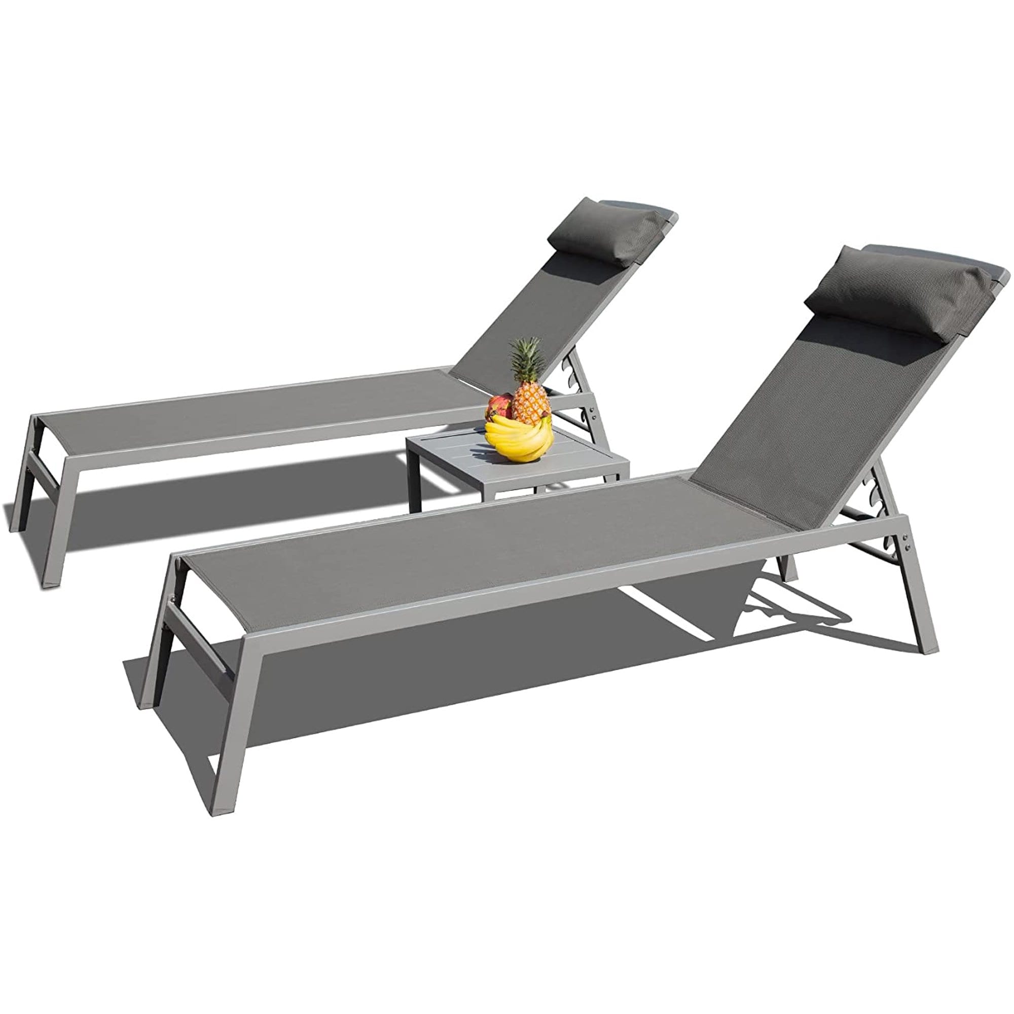 ToolCat PG2-141-PT Set of 2 Stackable Sliver Aluminum Frame Stationary Chaise Lounge Chair with Gray Mesh Seat
