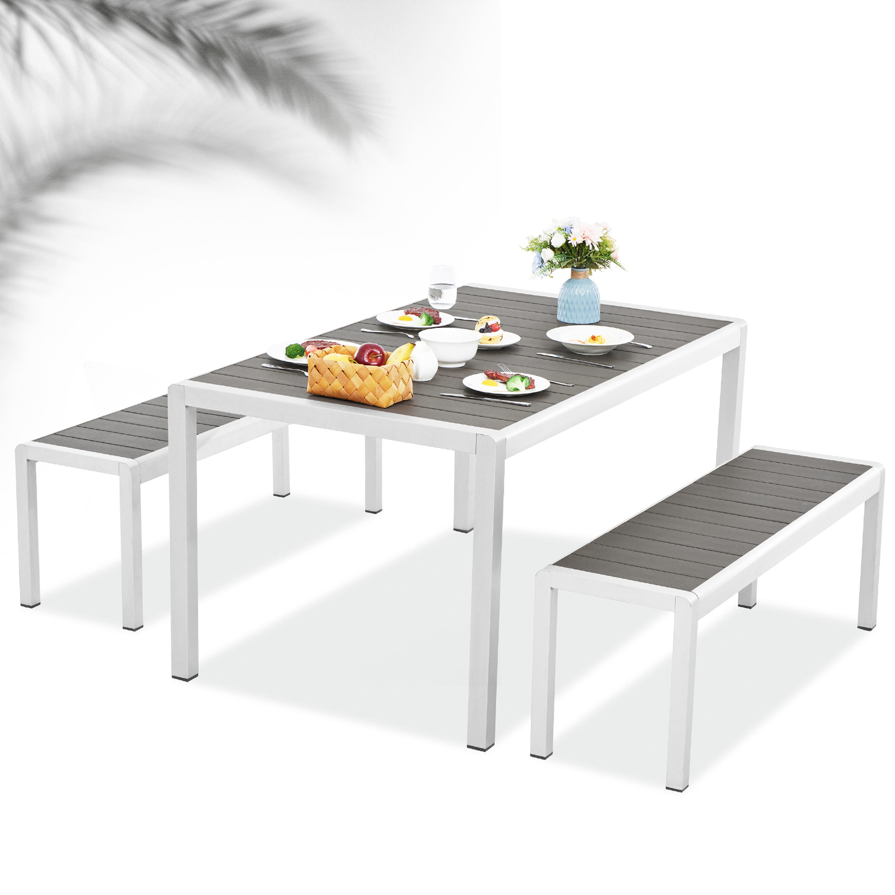 JEAREY YMLZCZ3JT-GRAY Patio Aluminum Dining Set 3 -Piece Gray Patio Dining Set Aluminum Rectangle Table with 2 Stackable Stationary Chairs