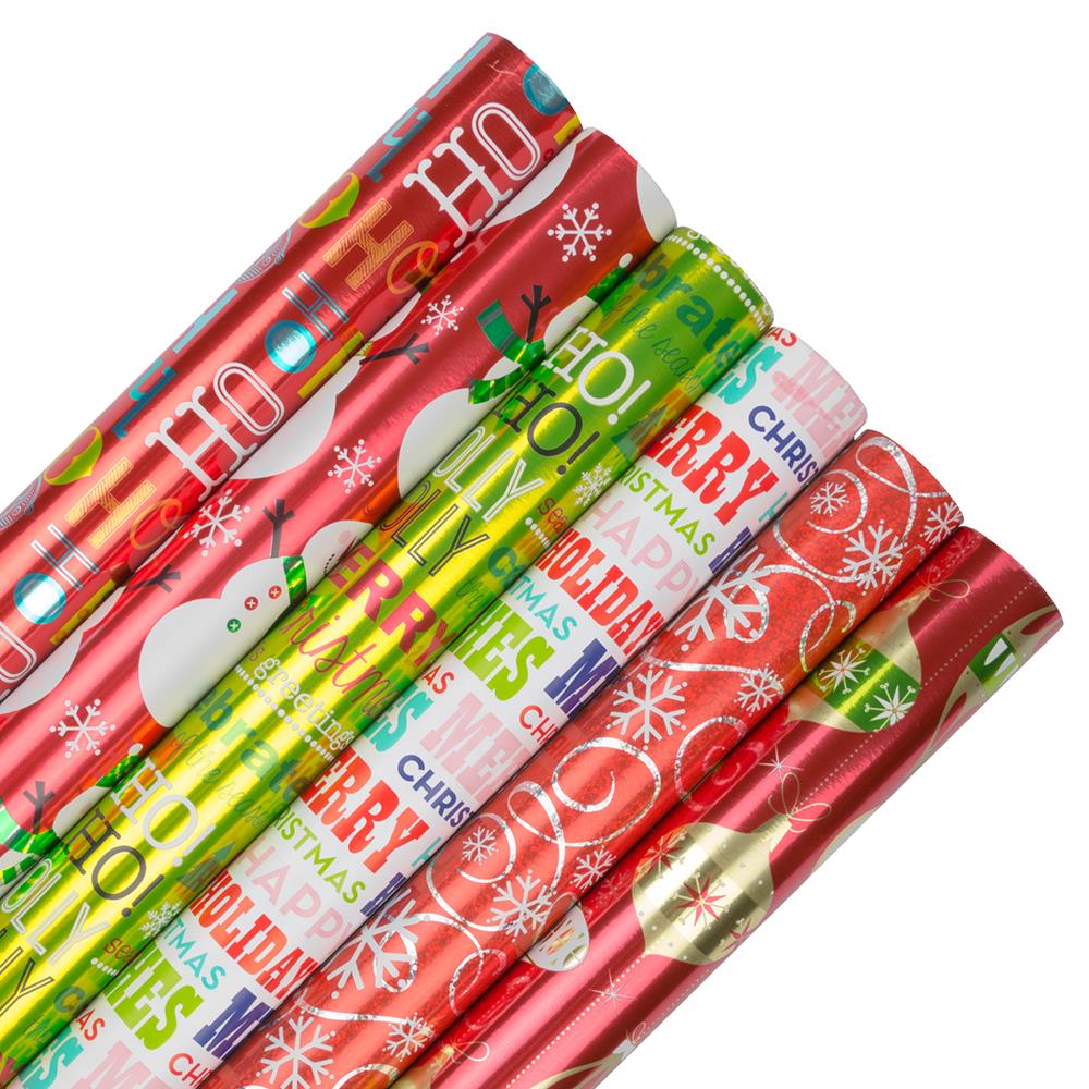 JAM Paper Kraft Wrapping Paper Rolls - Green and Red Foil Dots