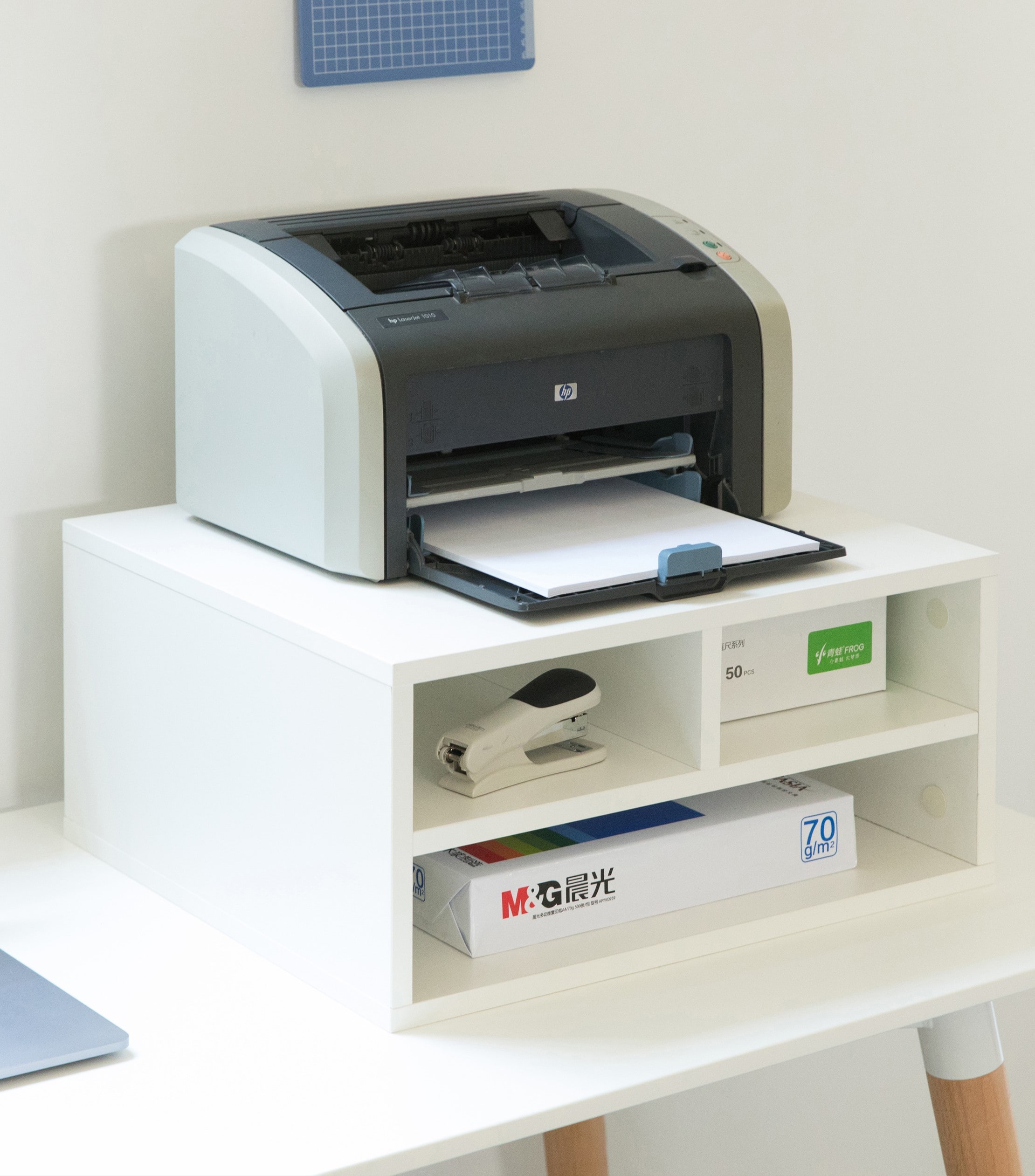 White Wood Compact Desktop Printer Stand with Storage