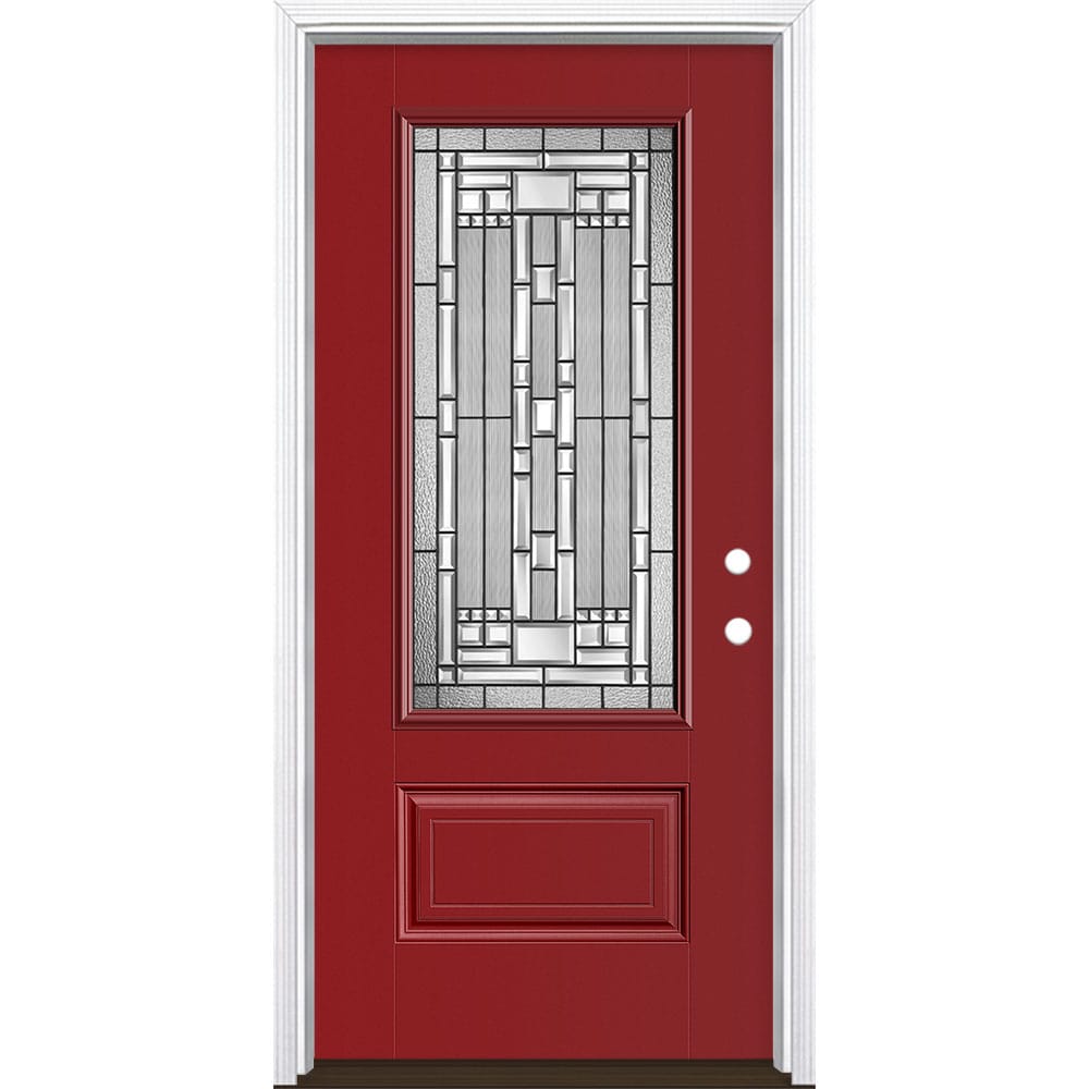 Masonite 3421217 Naples 36-in x 80-in x 4-9/16-in Fiberglass 3/4 lite Left-hand inswing Roma Red Painted Prehung Front Door with Brickmould Insulating core