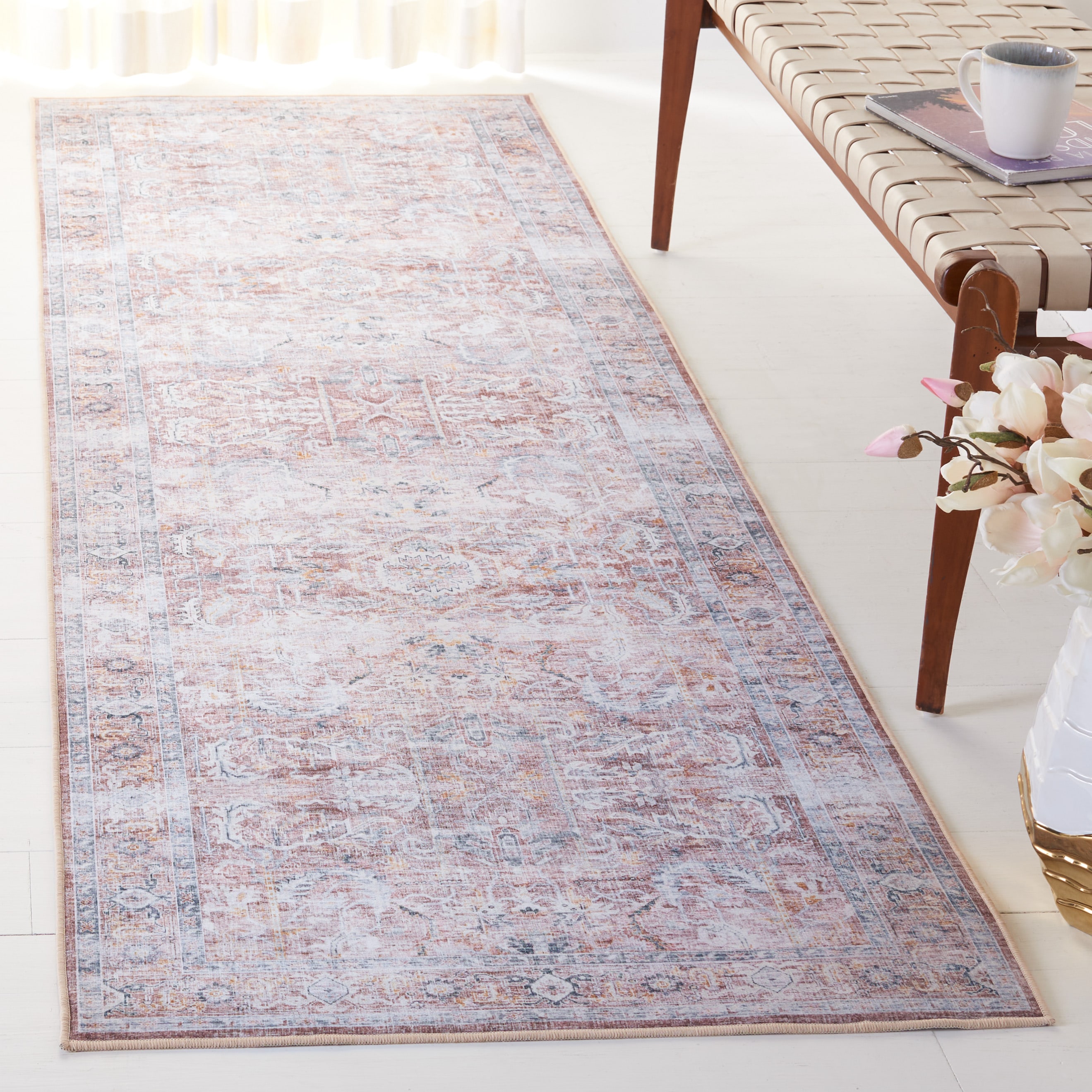 Safavieh TSN185P-28 Tucson 3 x 8 (ft) Loomed Polyester Rust/Beige Rectangular Indoor Border Machine washable Runner rug