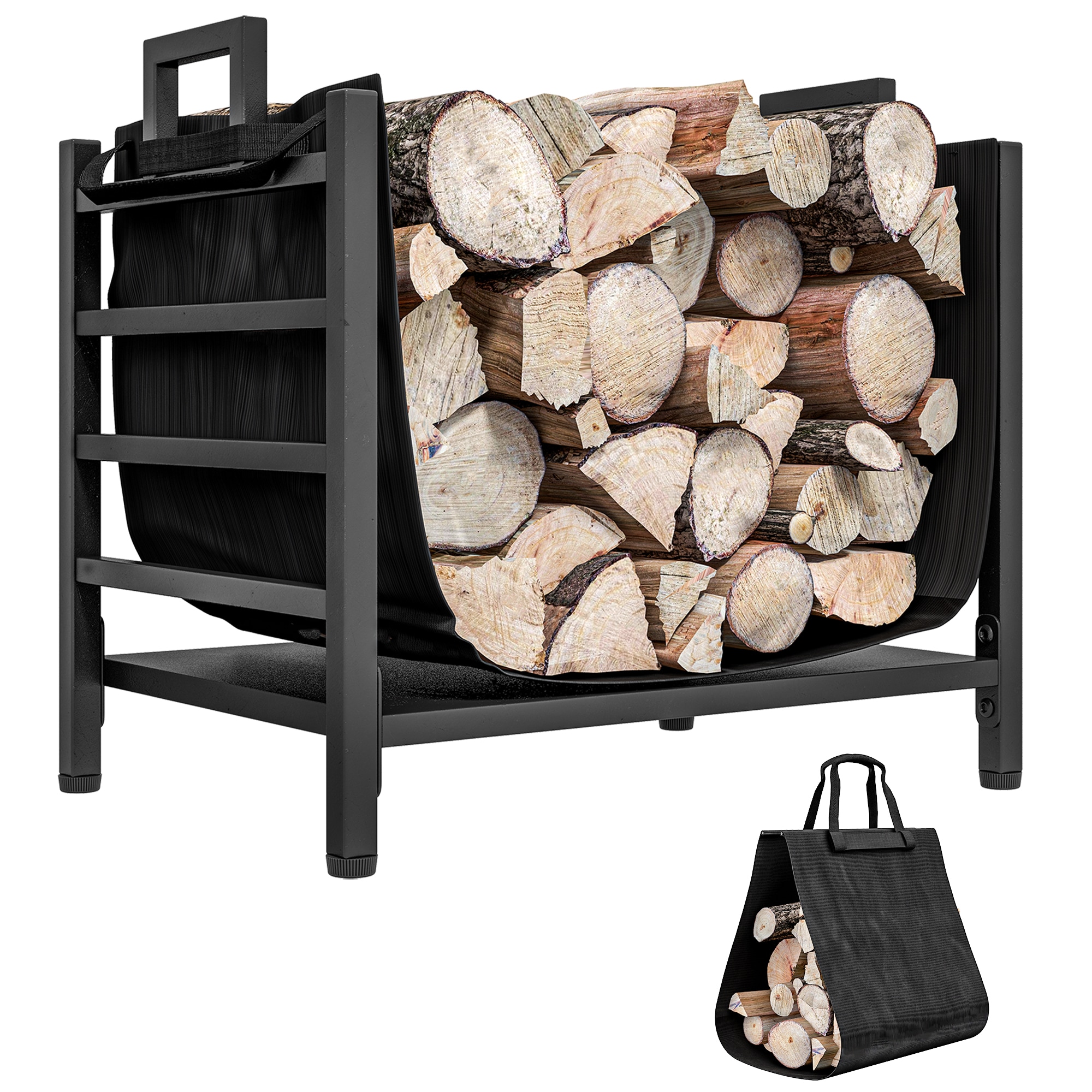 LOVMOR SF-H-W2225P249987 Firewood Rack with Removable Log Carrier Heavy Duty Log Rack with Handles Indoor Outdoor Wood Storage Holder for Fireplace Black