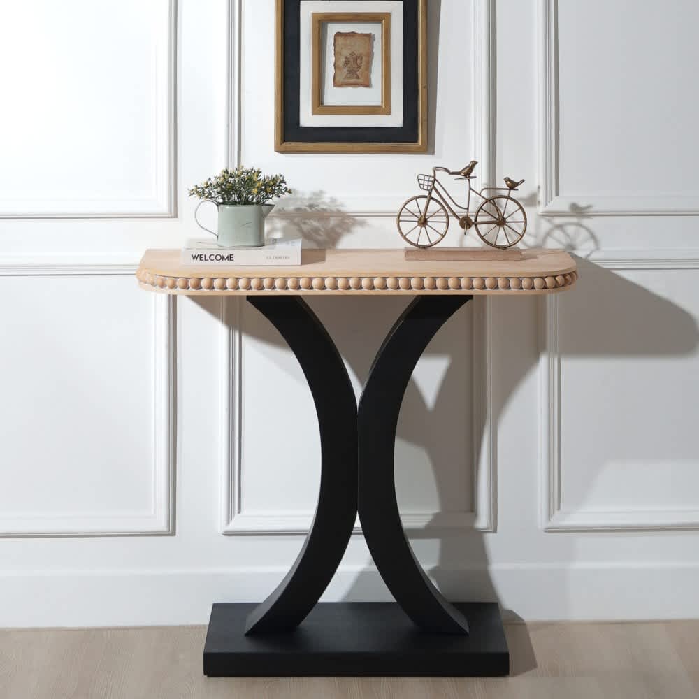 Coolbibila KAIRO-CONSOLE-BLACK 35 Inch Half Moon Wood Console Table Black Entryway Table with Sculpted Base for Hallway or Living Room