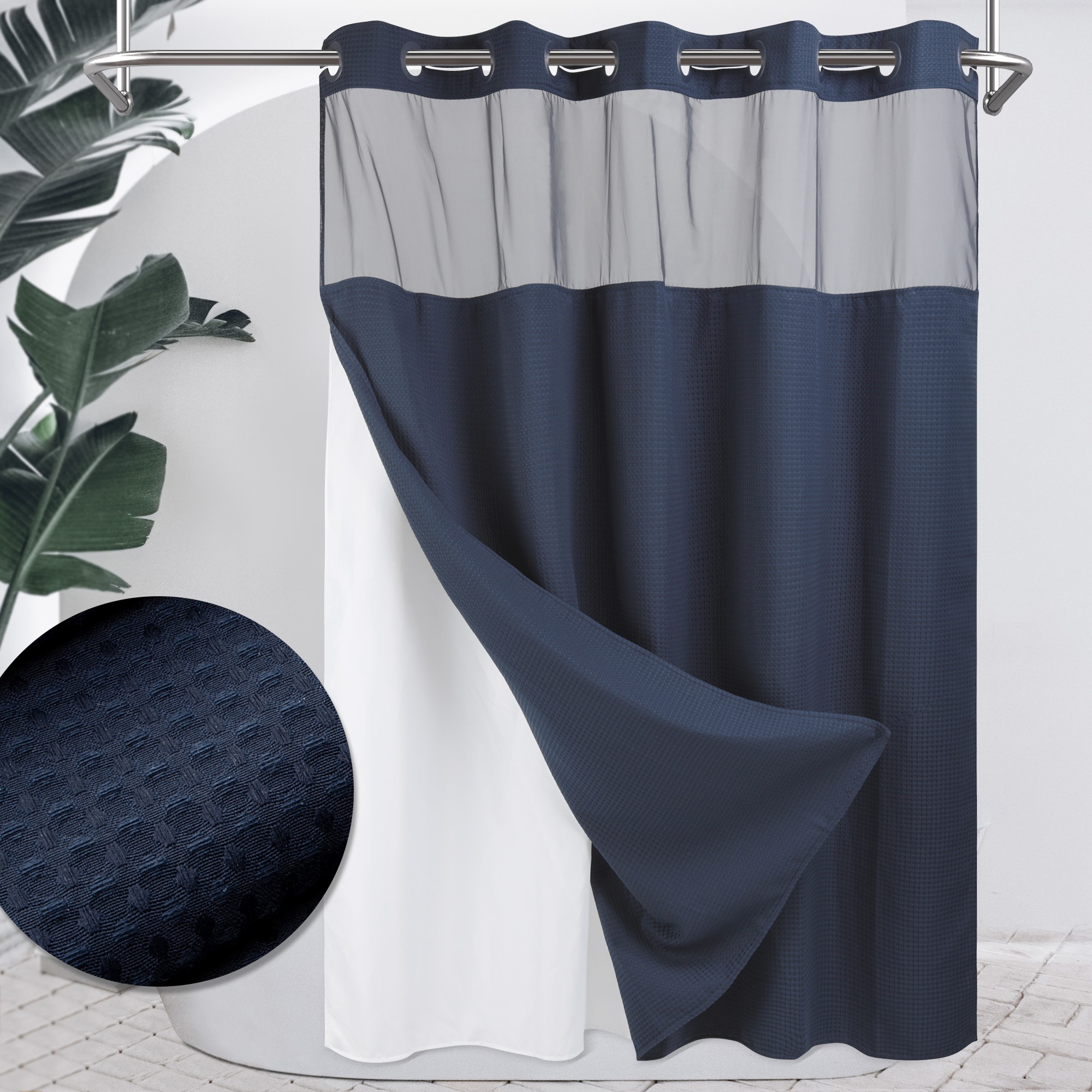 Awesome Home No Hook 71-in W x 86-in L Navy Blue Waffle  Polyester Shower Curtain with Snap-in Liner