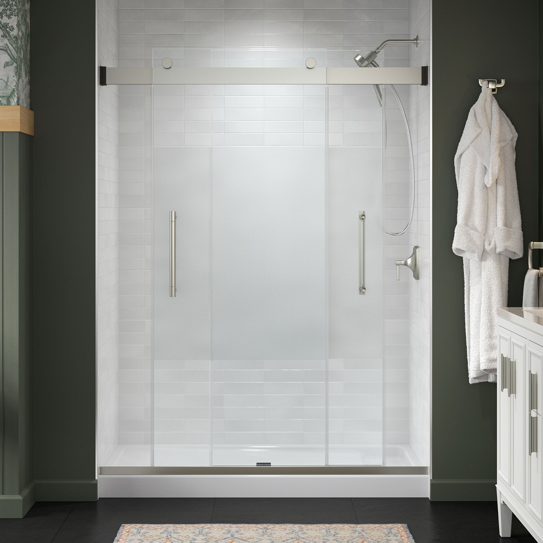 KOHLER 702474-8G81-BNK Premise Anodized Brushed Nickel 56-in to 60-in W x 75.75-in H Frameless Bypass Sliding Soft Close Shower Door 5/16-in Thick Clear Glass