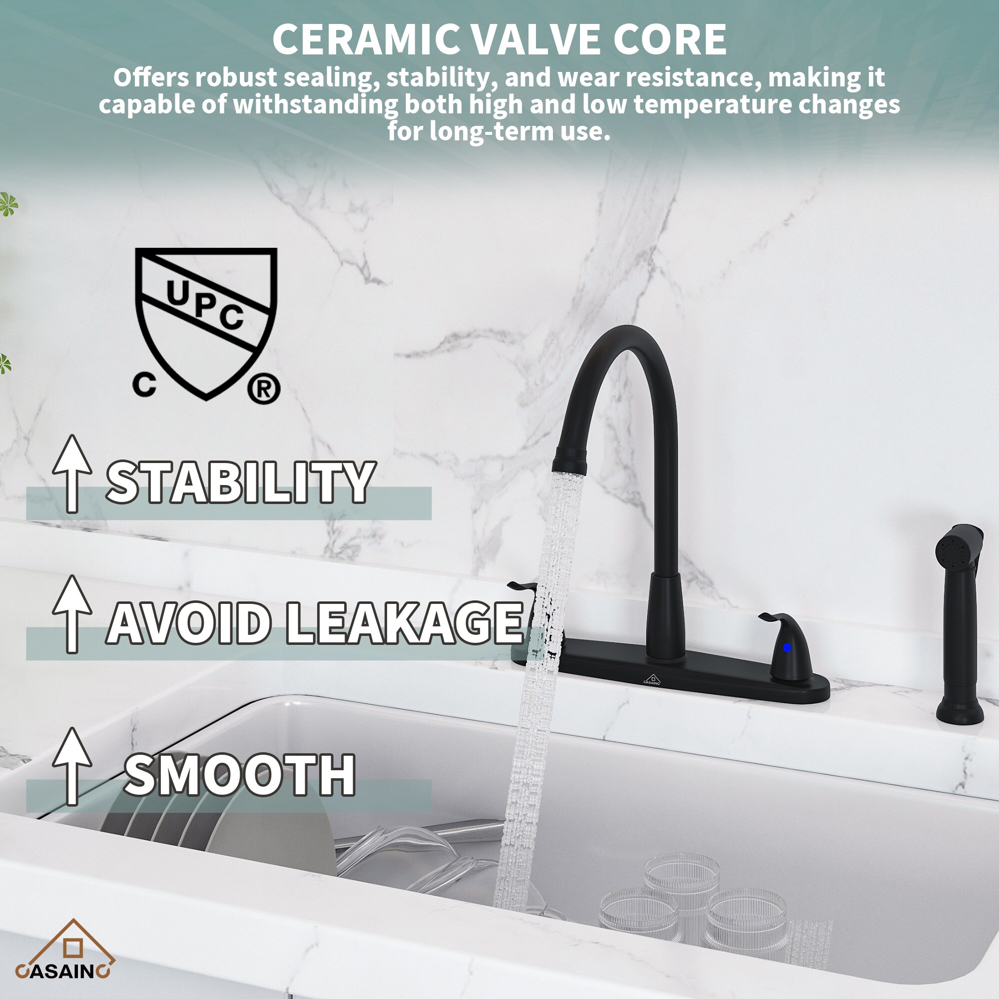Matte Black Stainless Steel Double Handle Kitchen Faucet with Side Sprayer