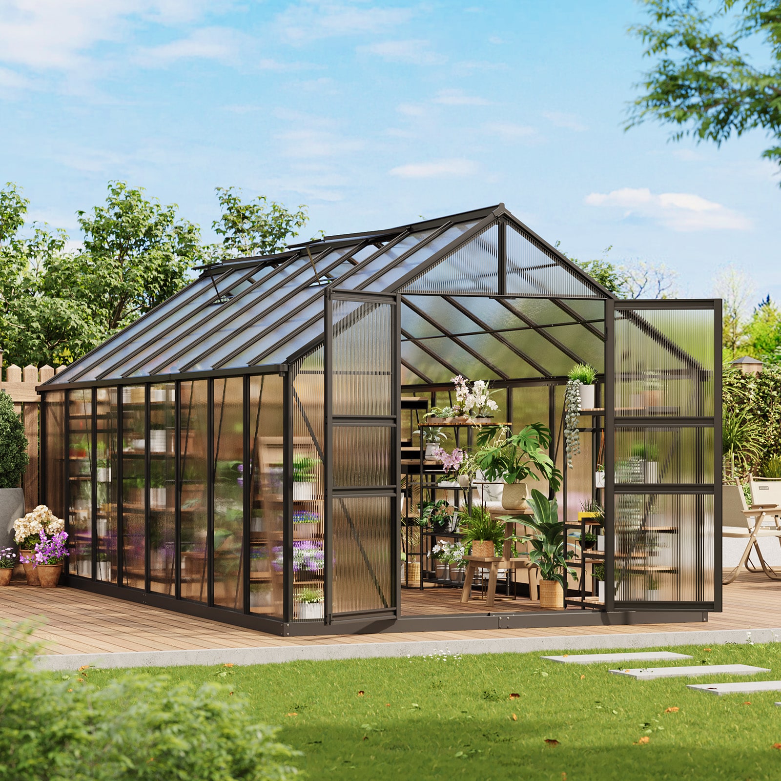 Garvee 8x16 FT - Polycarbonate Greenhouse for Outside with Aluminum Frame Lockable Door Adjustable Roof Vent for Backyard Garden Patio