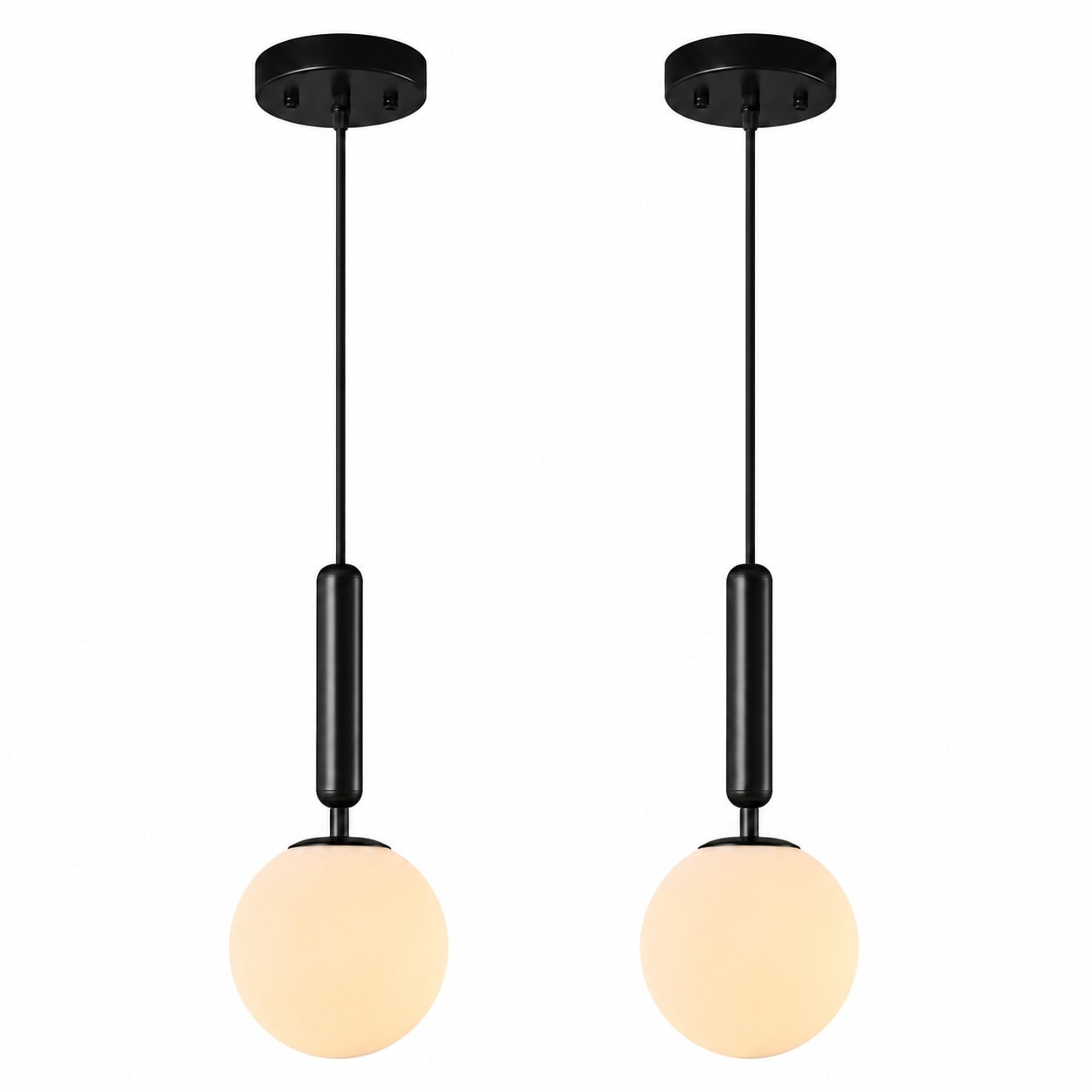 Aoibox  Mid Century Black Globe Glass Pendant Light Set with Milky White Shade Adjustable Cord 5 9 in 2 Pack