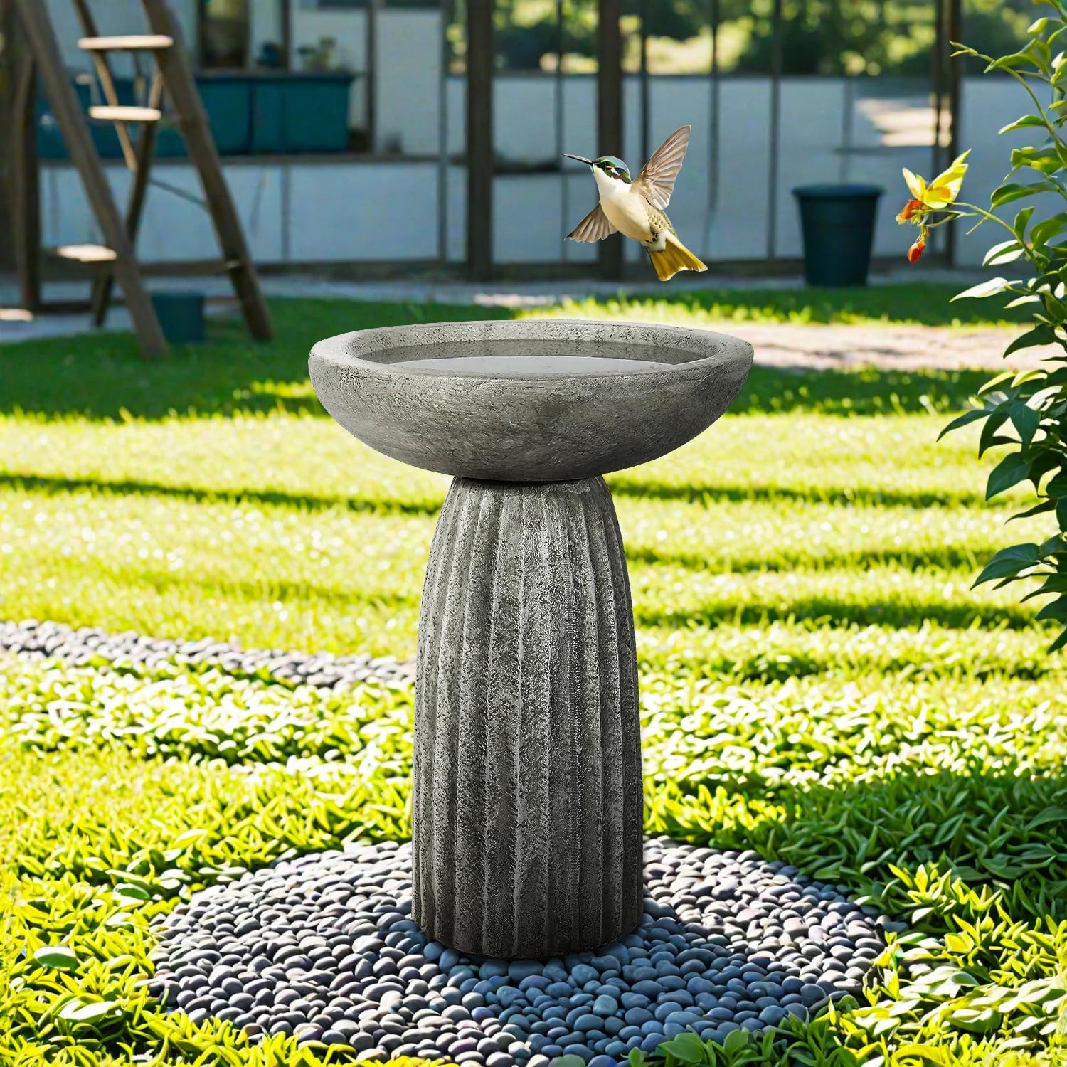 Watnature  24.4 in High Modern Fibre Reinforced Concrete Bird Bath with Textured Pedestal for Garden Yard or Lawn Decor