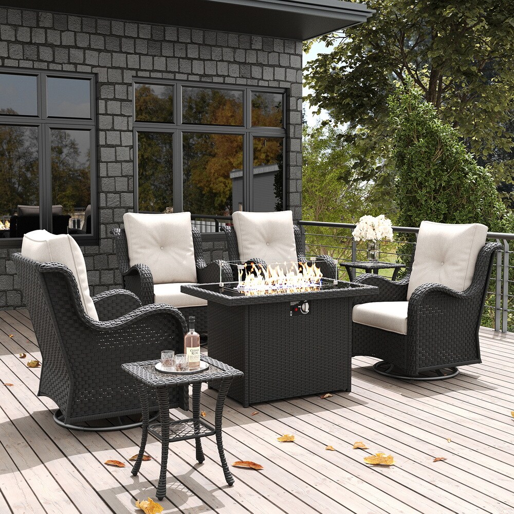 LayinSun FP6003A-HEBEIGE-7P 7 -Piece Outdoor Rattan Patio Conversation Set with Fire Pit and Beige Cushions