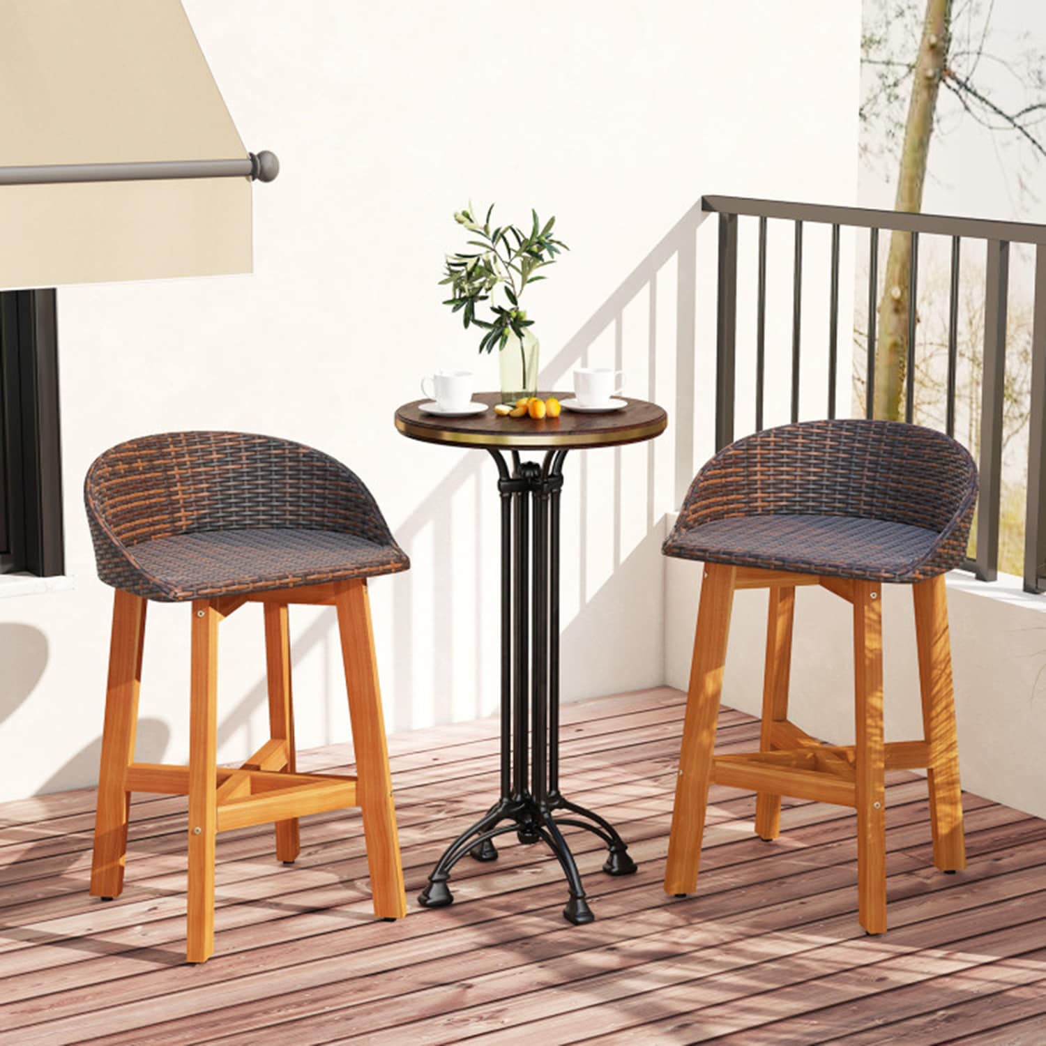 Mondawe 954-HY Set of 2 Rattan Natural Wood Frame Stationary Counter-height Chair with Slat Seat