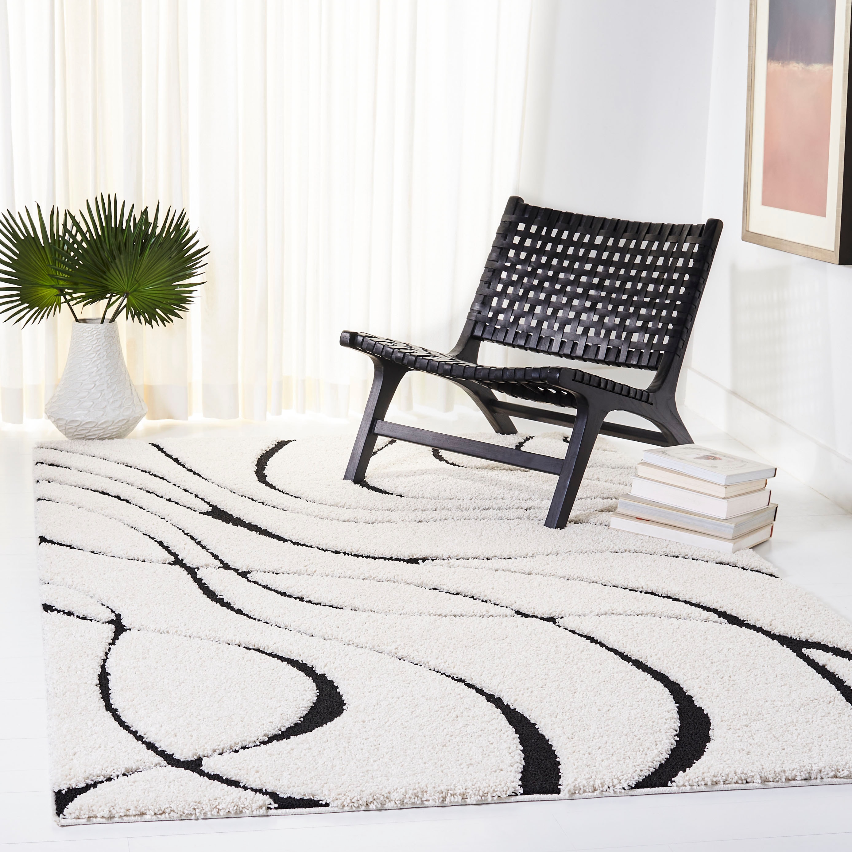 Safavieh SG471-1290-3 Florida Rhythm Shag 3 x 5 (ft) Loomed Polypropylene Ivory/Black Rectangular Indoor Abstract Oriental Throw rug