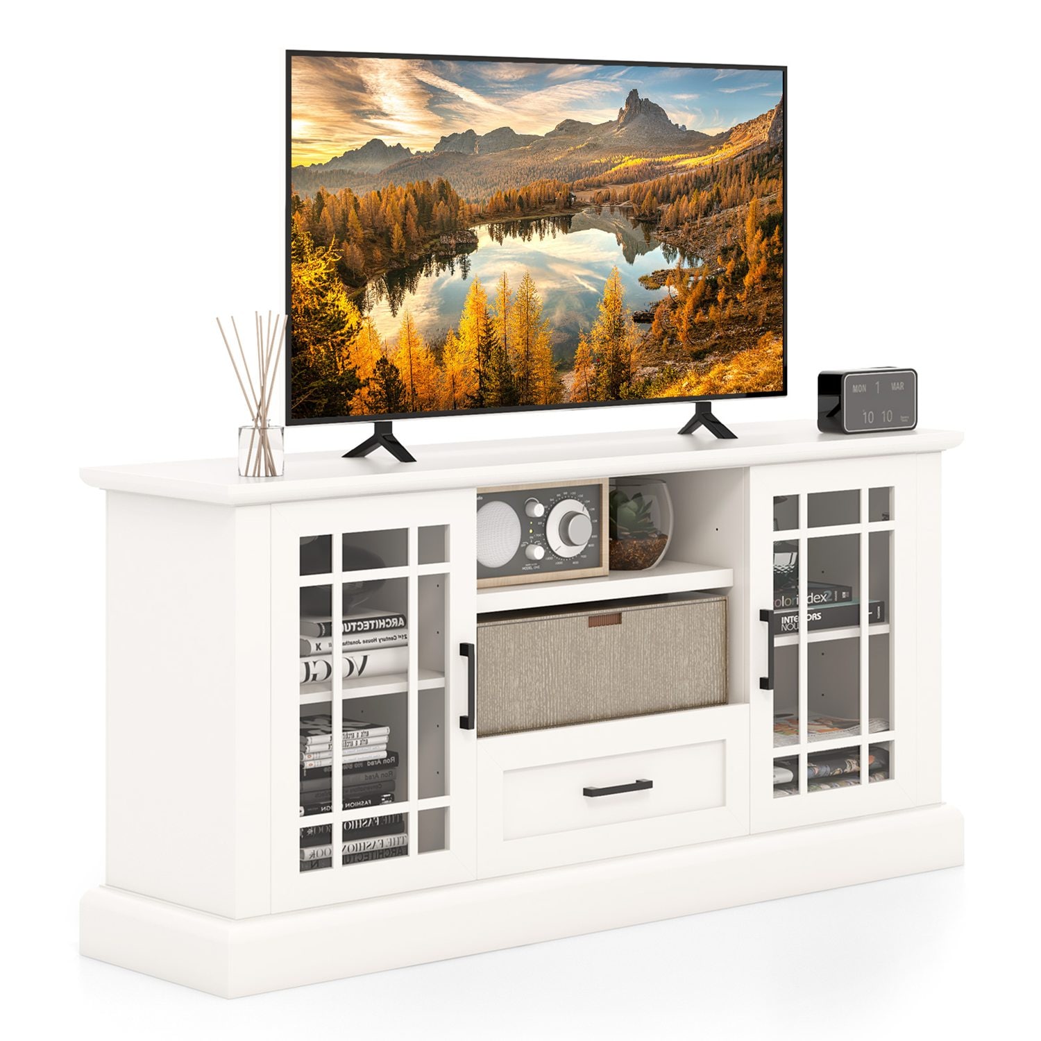 Costway 63-Inch Modern TV Cabinet TV Console Table with 2 Side Cabinets and Drawer Suits 70 inches Televisions Farmhouse Style White