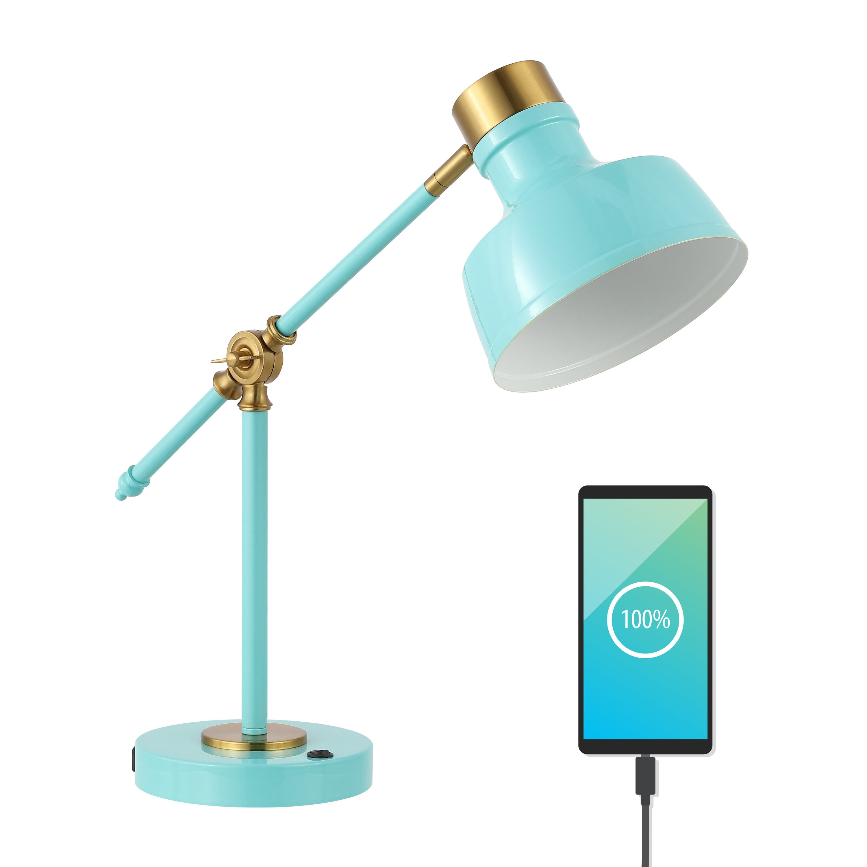 Cyan and Brass Adjustable Edison LED Task Lamp with USB