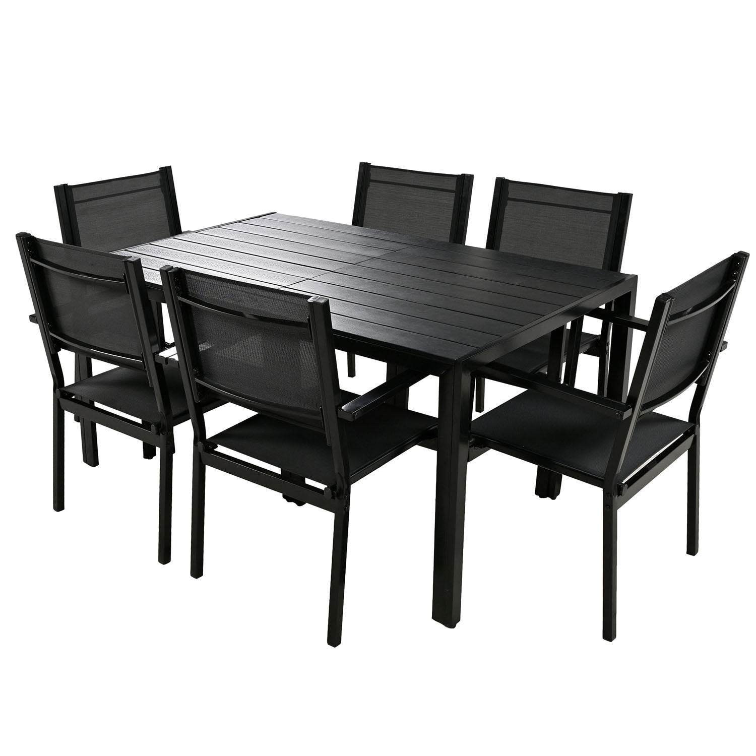 Bybafun YA0200220 7 -Piece Black Patio Dining Set Steel Rectangle Table with 6 Black Stationary Chairs