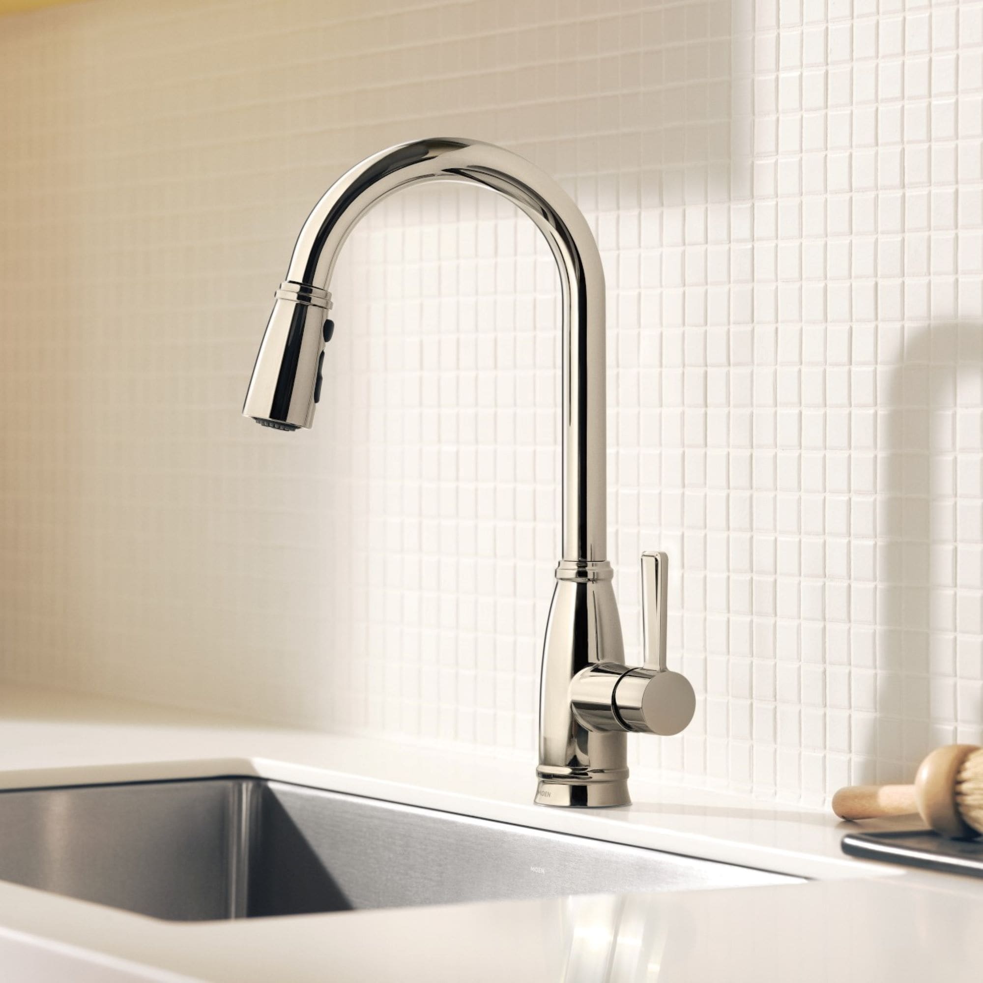 Moen 87913NL Lilibeth Polished Nickel Single Handle Deck-mount Pull-down Kitchen Faucet with Sprayer ( Deck Plate Included )