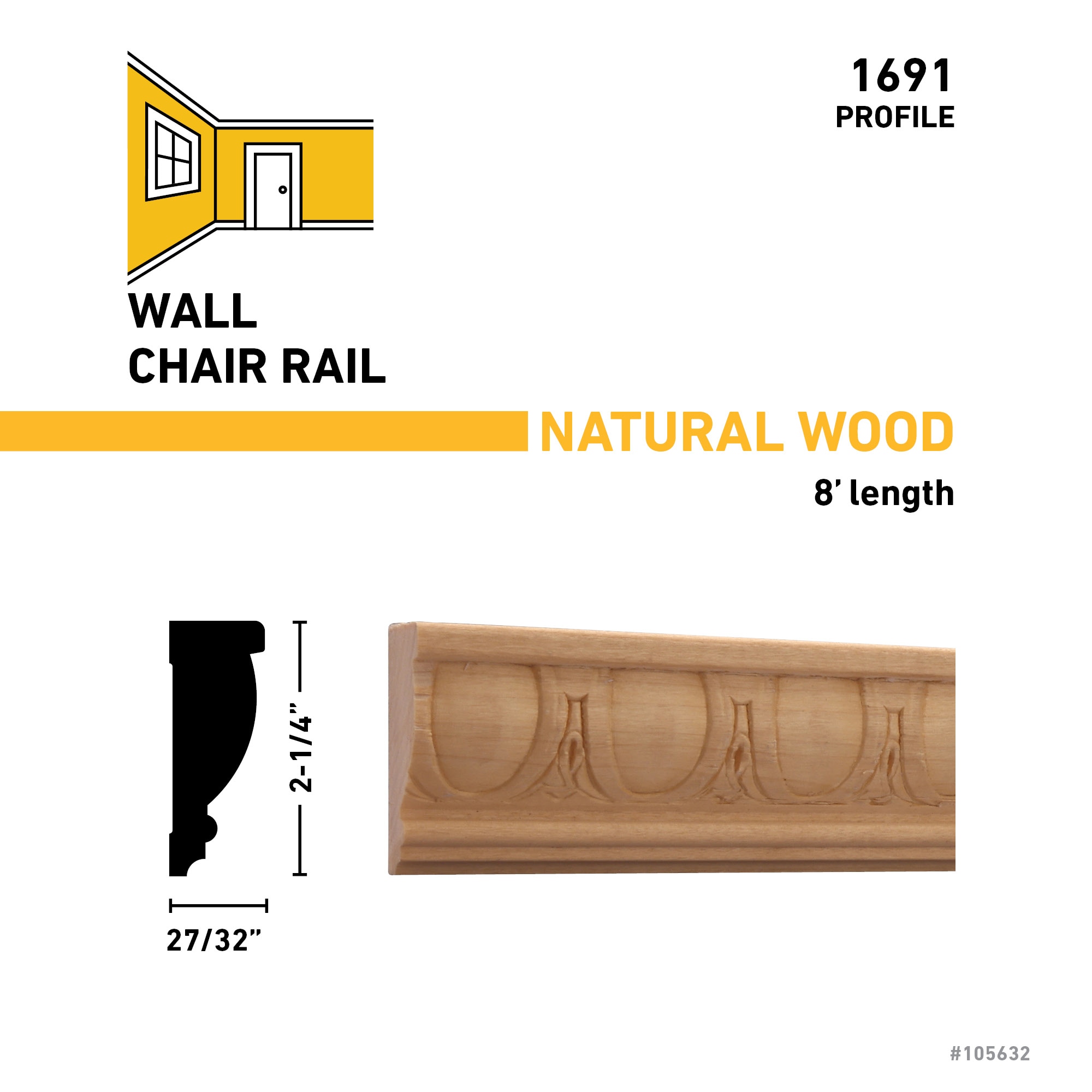 Ornamental Mouldings 1691-8FTWHW Chair-Rail-Moulding - View #3