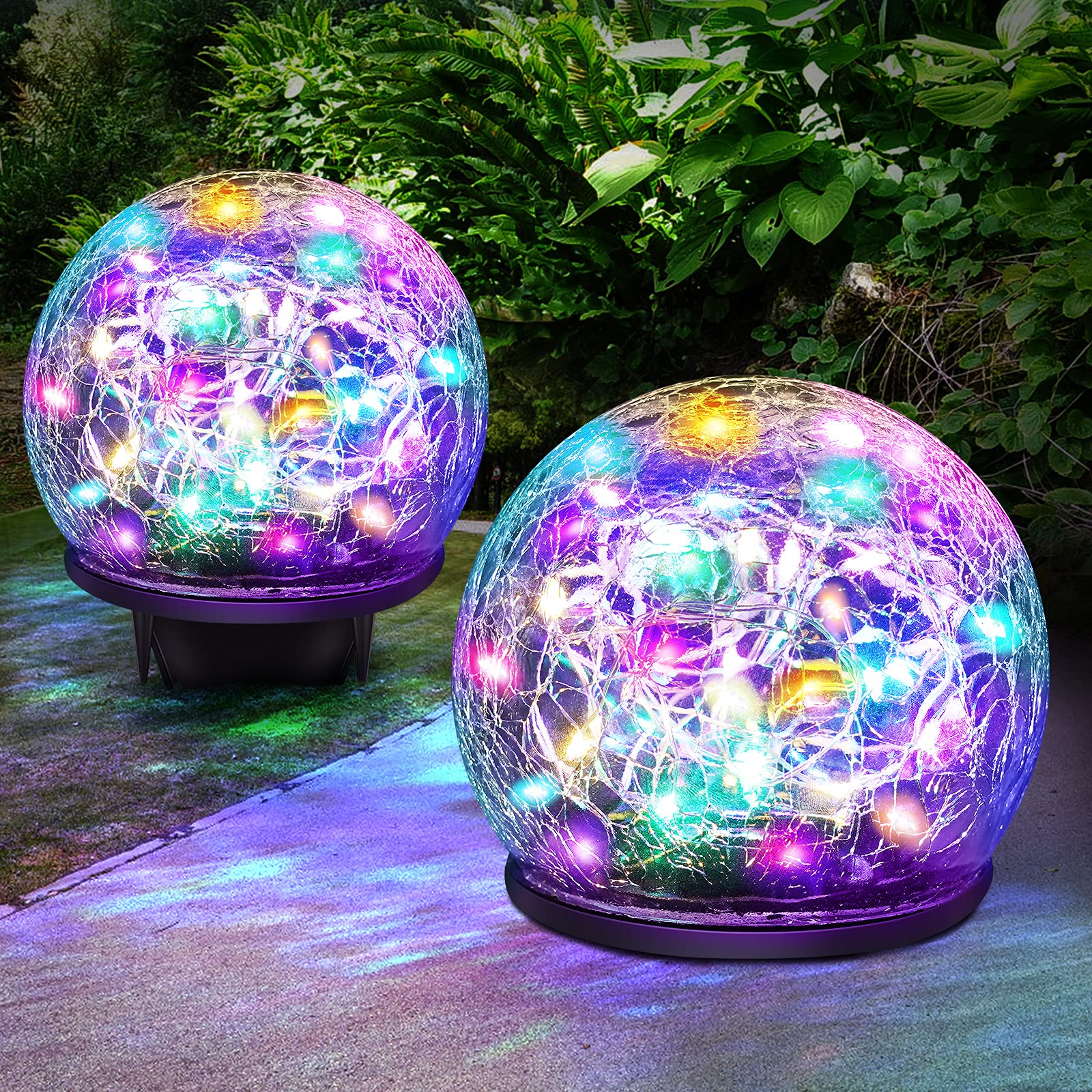 UUDULY  2 Pack 60 LED Garden Solar Lights Outdoor Decorative Colored Cracked Glass Solar Globe Lights Waterproof Multicolor Ball Lights for Yard