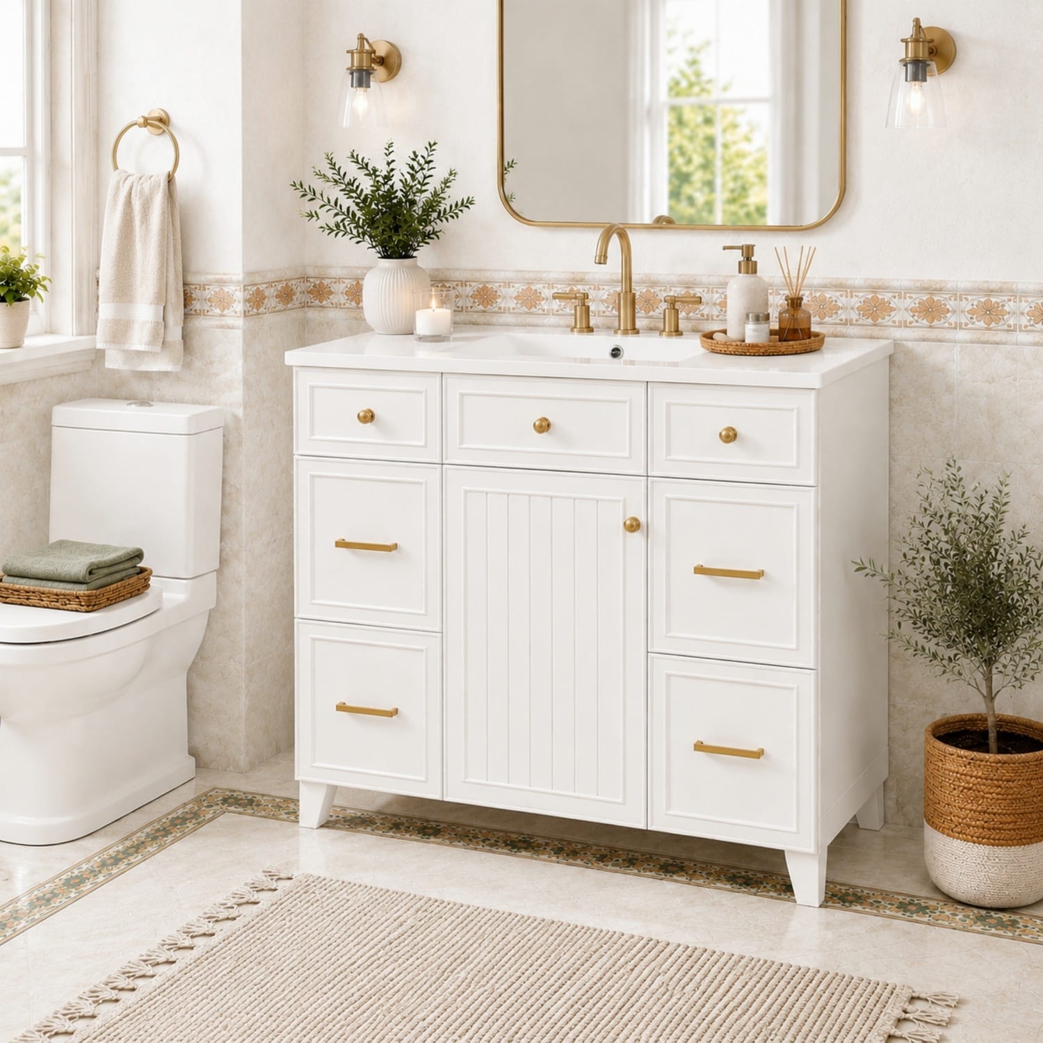 GDFStudio Finn 36 in. Freestanding Bathroom Vanity with Ceramic Sink and Soft-close Doors and 3 Drawers - White