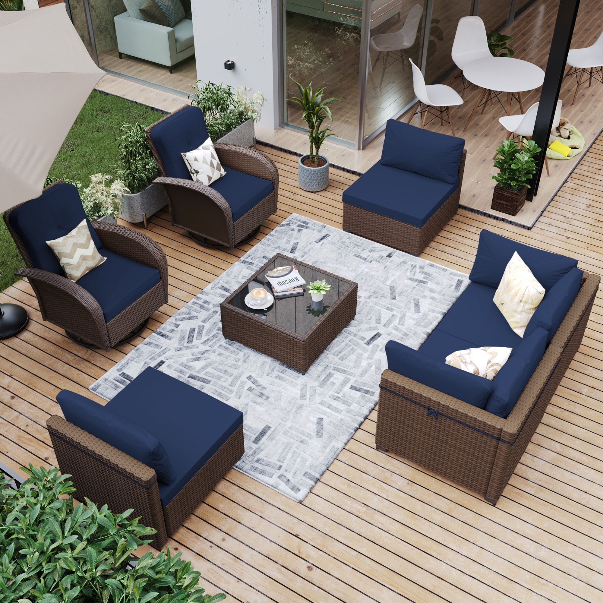 UPHA PL-CZY11-Z2 Wicker Patio Conversation Set Sectional Seating Set 7 -Piece Wicker 4 Patio Sofa Conversation Set with Navy Cushions